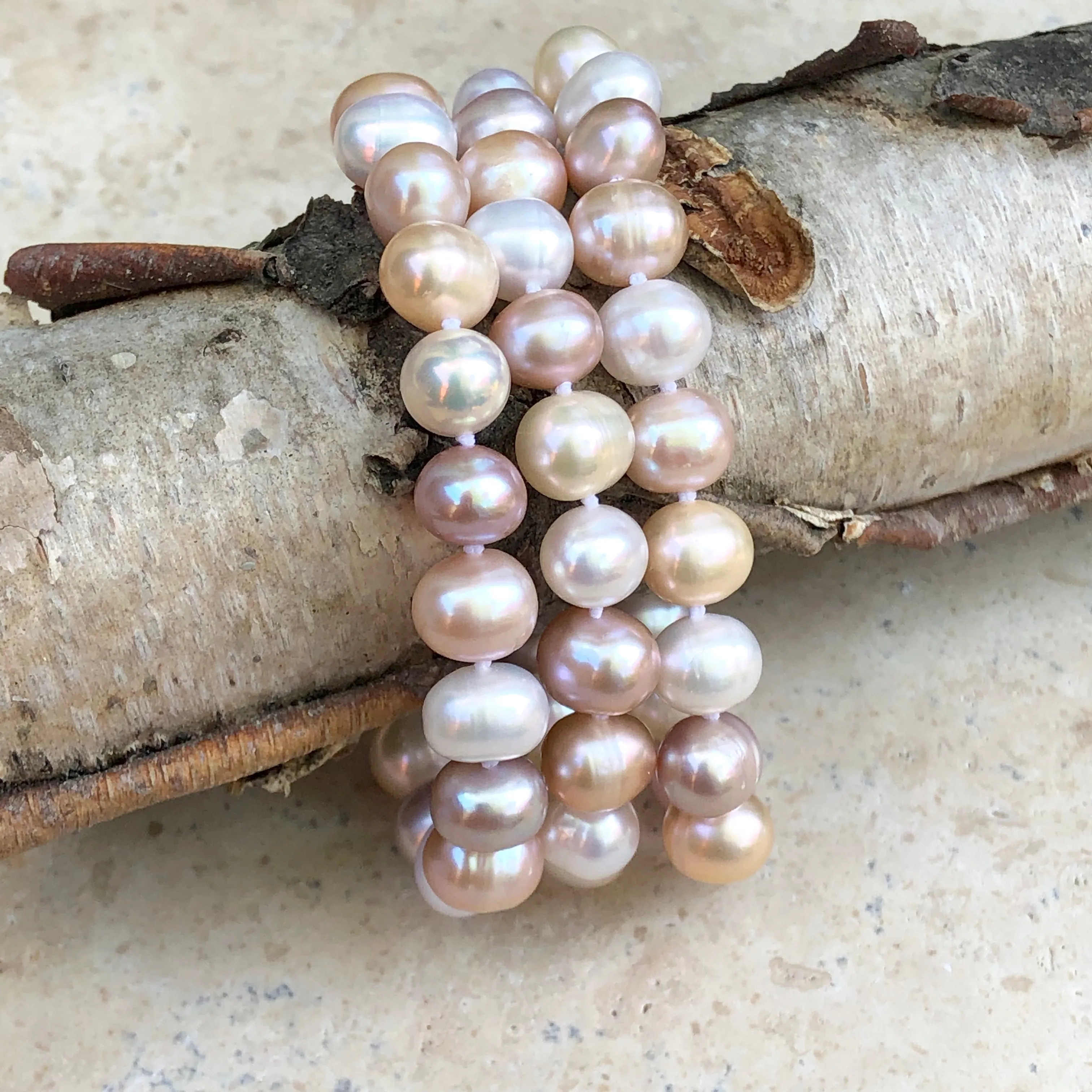 Sterling Silver White   Pink Freshwater Cultured Pearl Triple Strand Bracelet