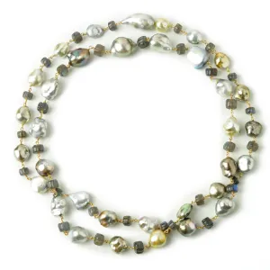 Tahitian Keshi Pearls with Labradorite and a Silver Tahitian Pearl and Diamond Gemstone Clasp