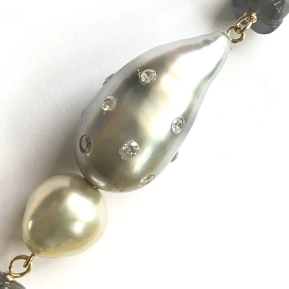 Tahitian Keshi Pearls with Labradorite and a Silver Tahitian Pearl and Diamond Gemstone Clasp