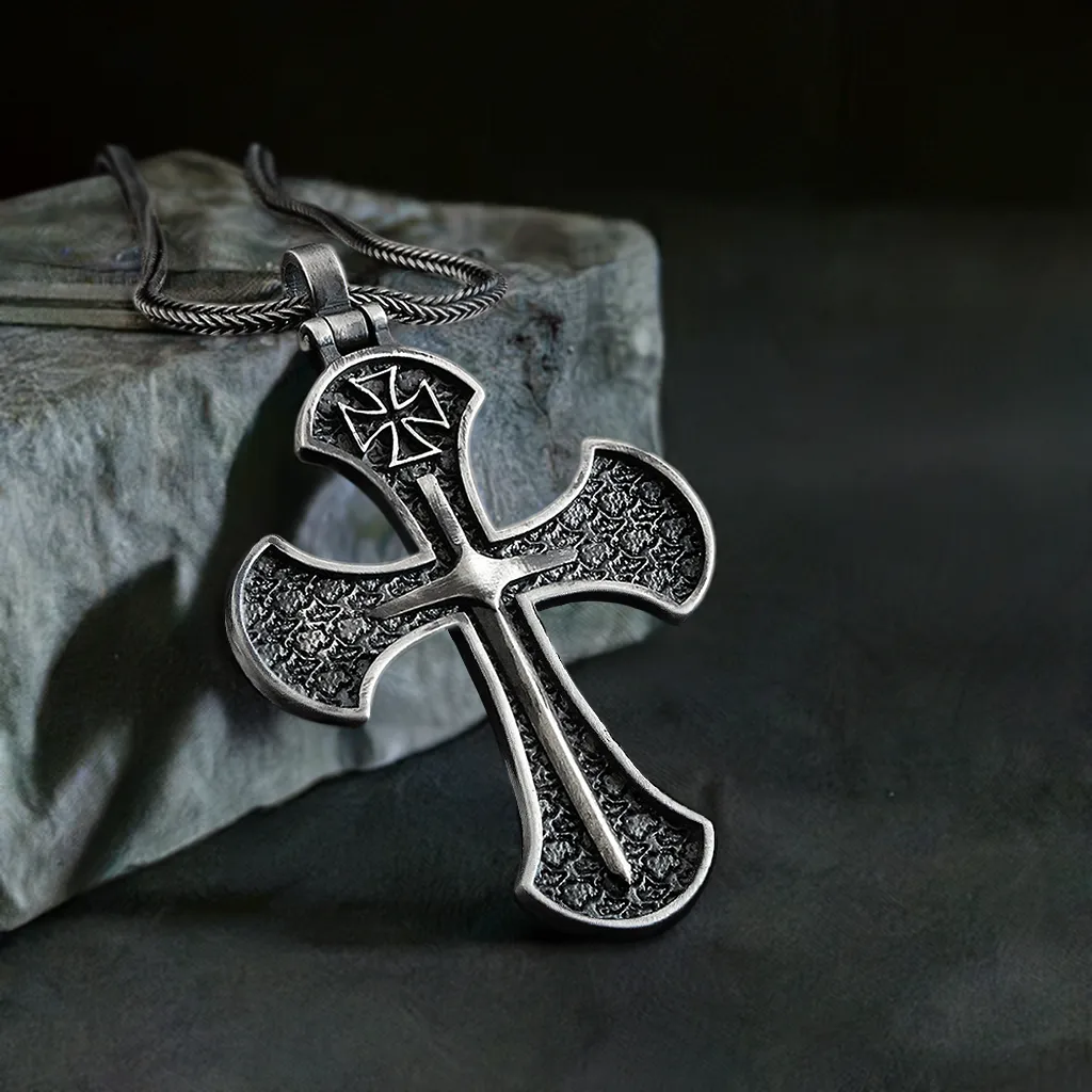 Templar Knights Sword 925 Sterling Silver Cross Pendant Necklace