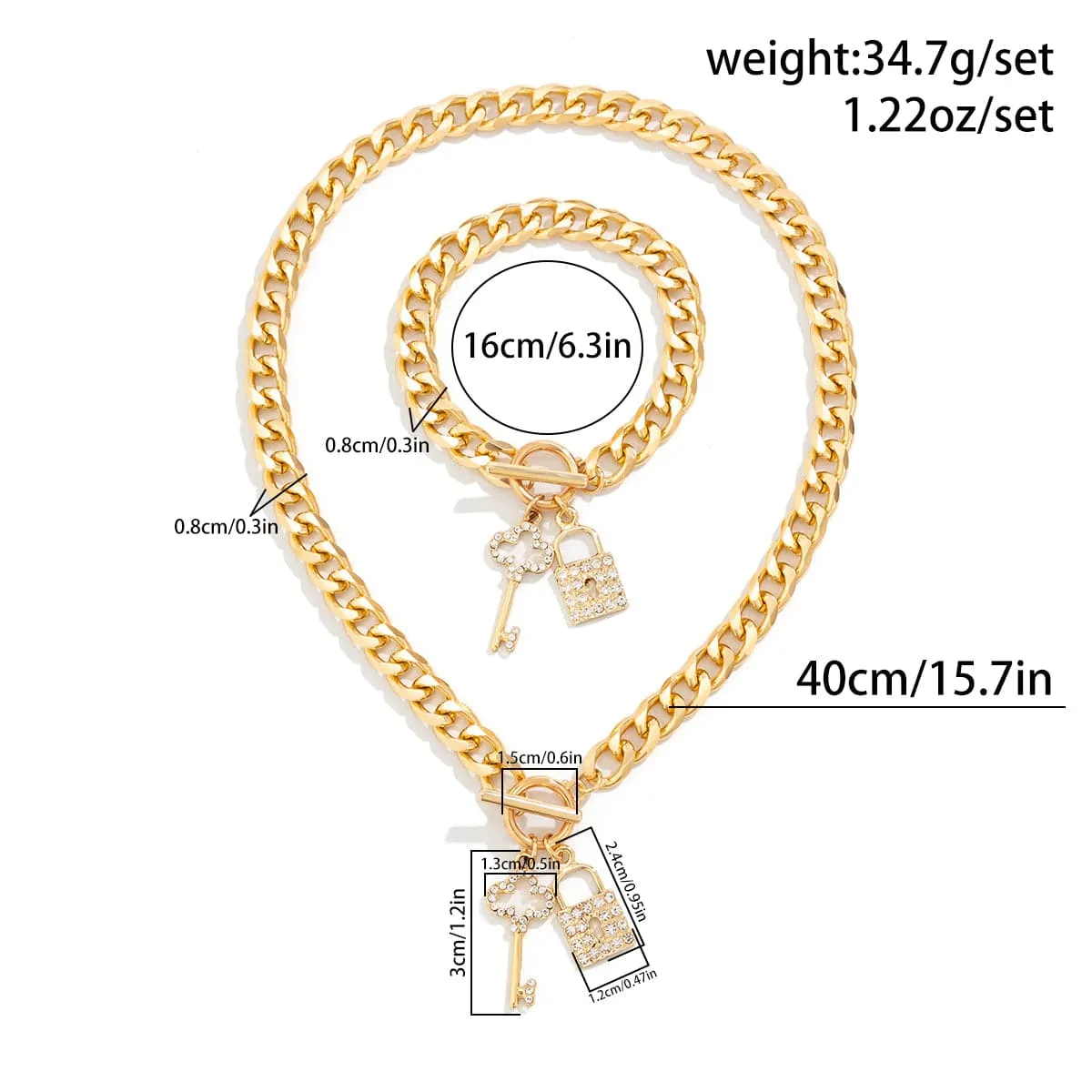 Trendy Toggle Clasp CZ Inlaid Lock Key Pendant Curb Chain Necklace Bracelet Set