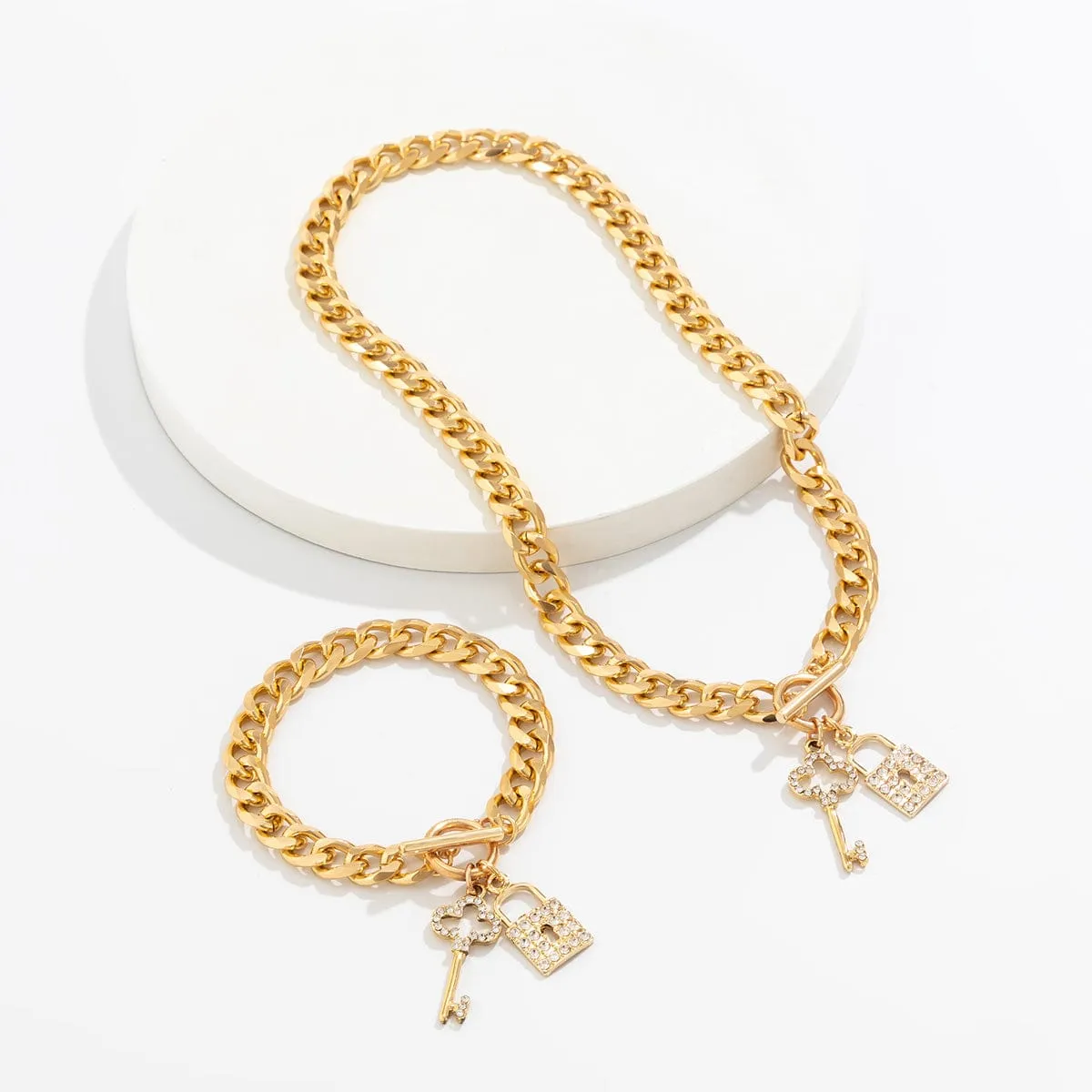 Trendy Toggle Clasp CZ Inlaid Lock Key Pendant Curb Chain Necklace Bracelet Set
