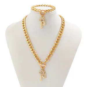 Trendy Toggle Clasp CZ Inlaid Lock Key Pendant Curb Chain Necklace Bracelet Set