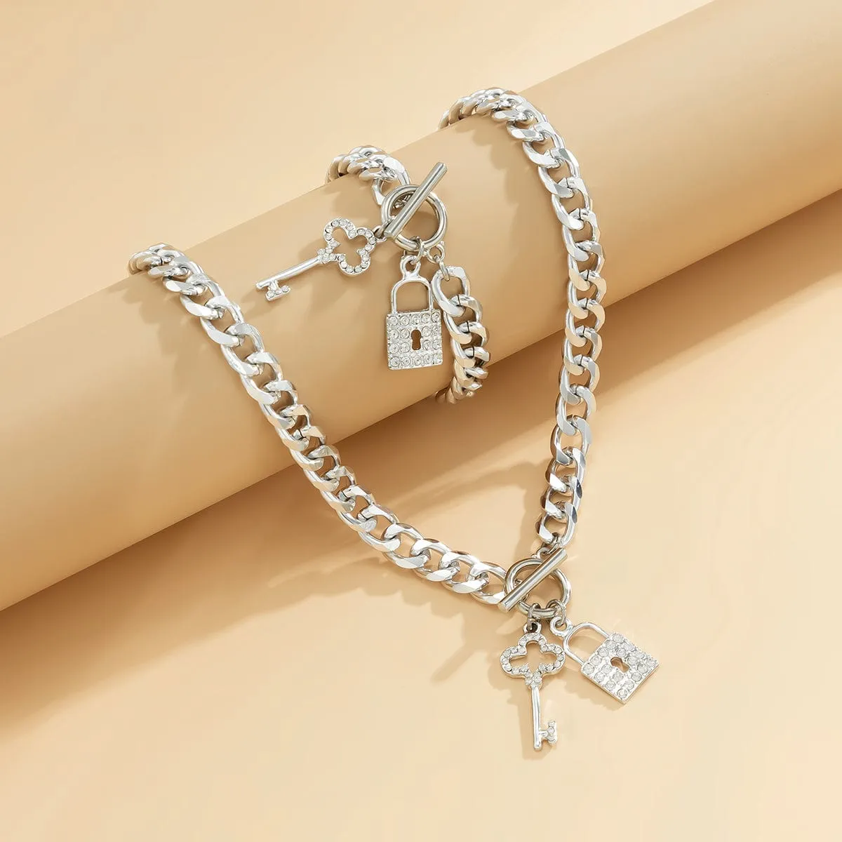 Trendy Toggle Clasp CZ Inlaid Lock Key Pendant Curb Chain Necklace Bracelet Set