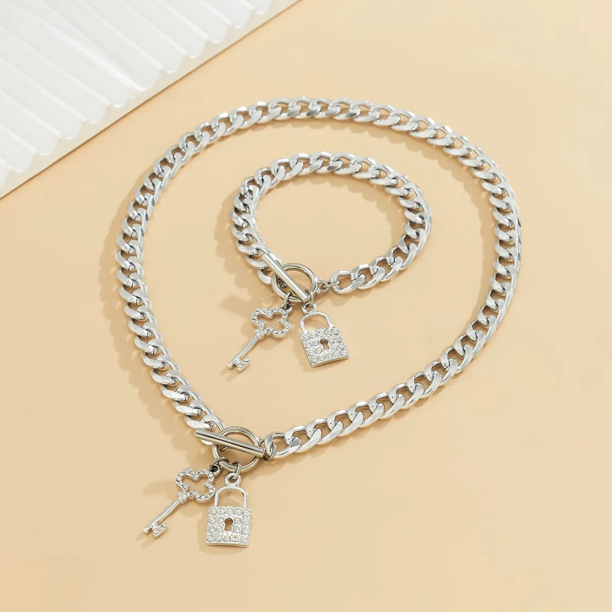 Trendy Toggle Clasp CZ Inlaid Lock Key Pendant Curb Chain Necklace Bracelet Set