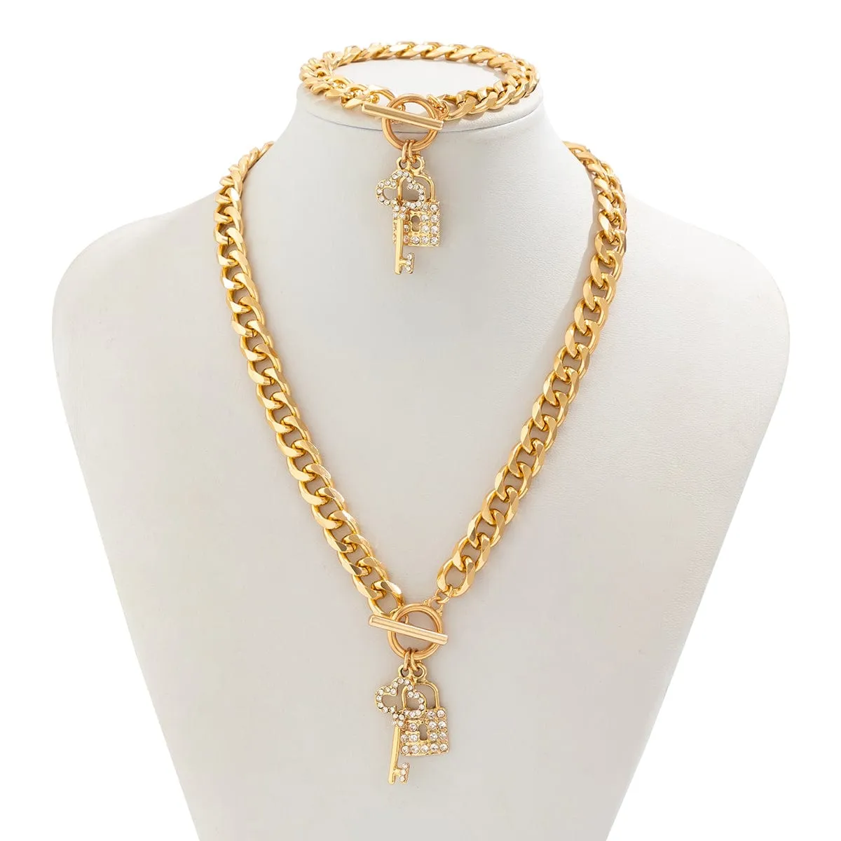 Trendy Toggle Clasp CZ Inlaid Lock Key Pendant Curb Chain Necklace Bracelet Set