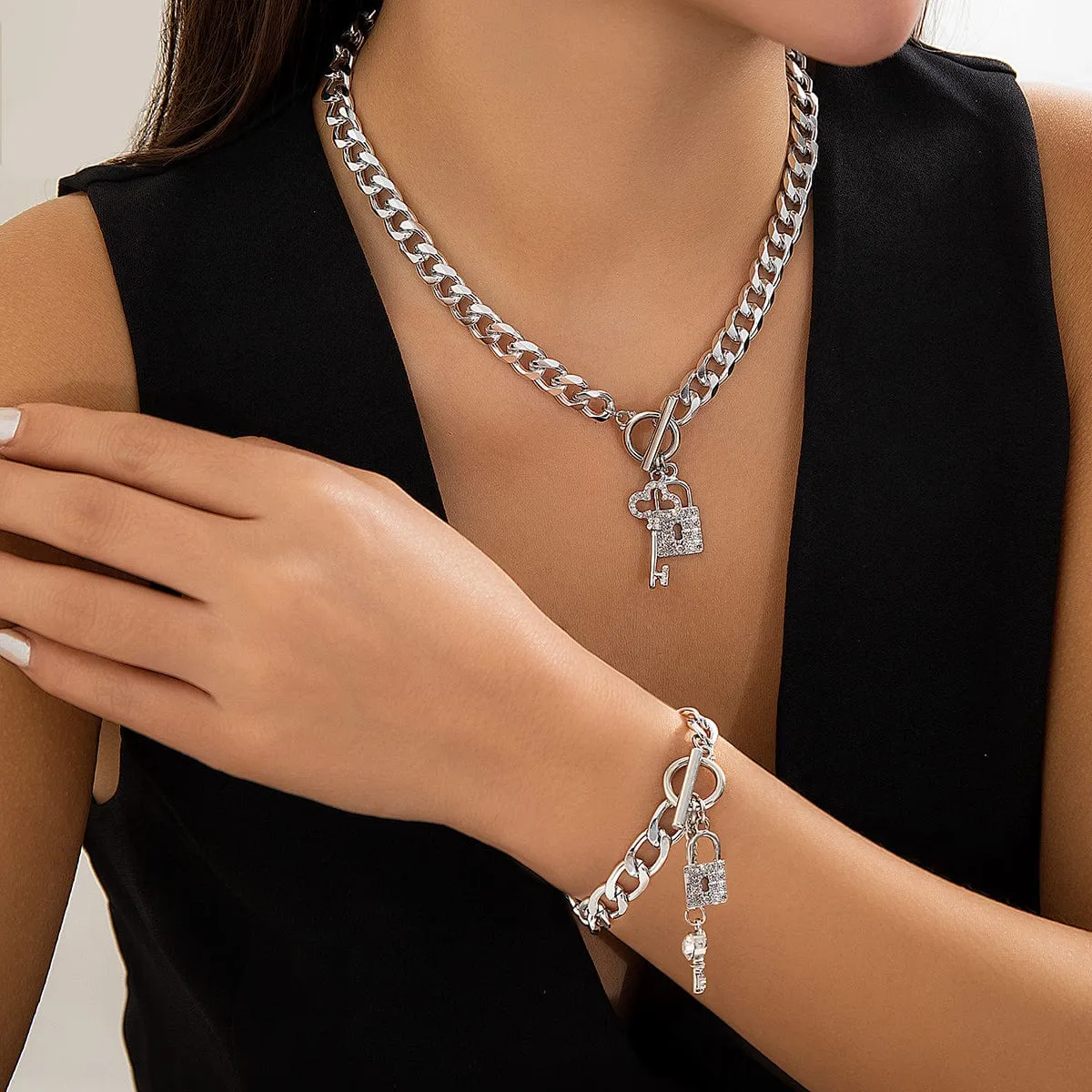 Trendy Toggle Clasp CZ Inlaid Lock Key Pendant Curb Chain Necklace Bracelet Set