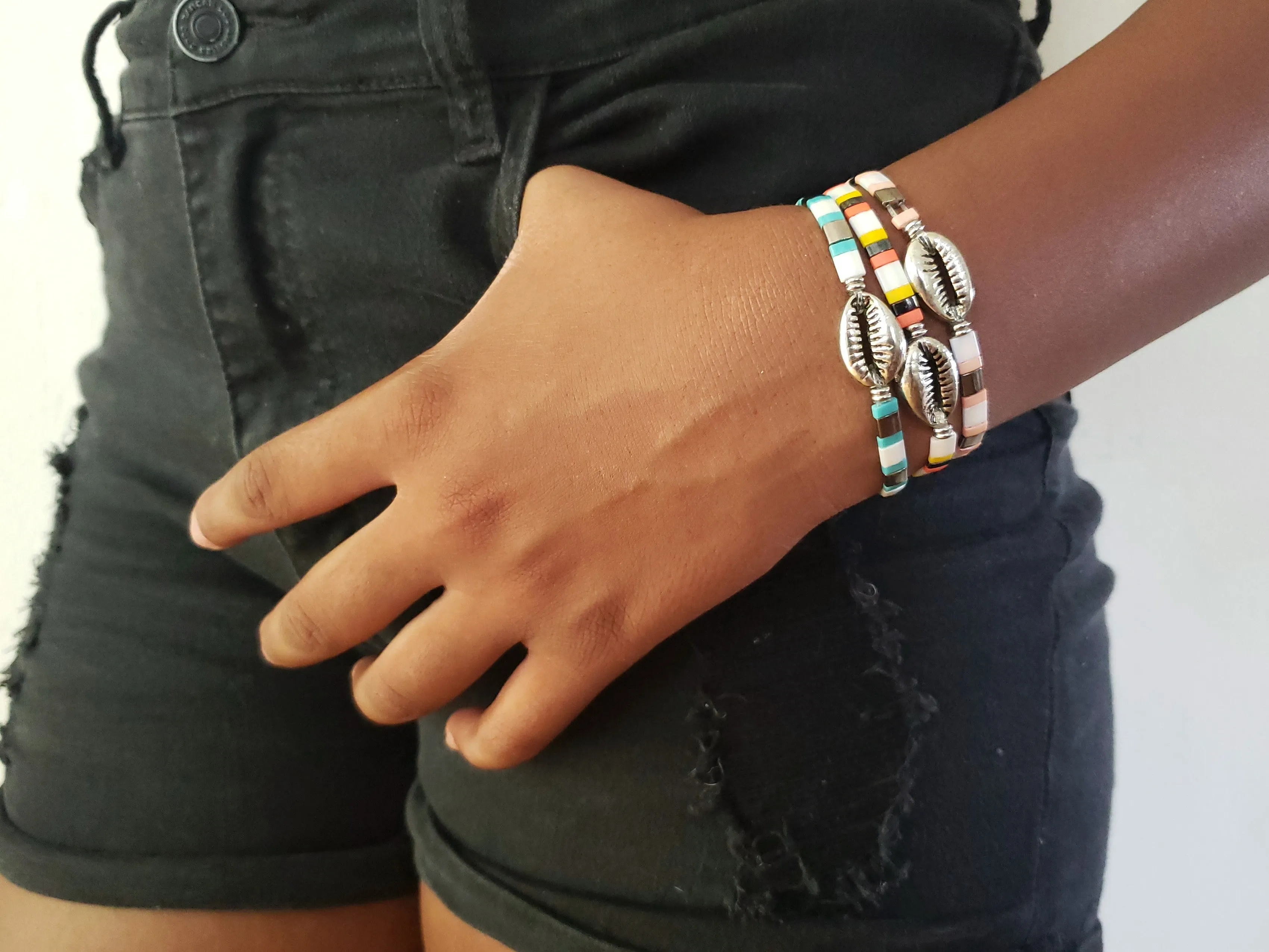 Tropical Cowrie Shell Stretch Bracelet Set Of 3