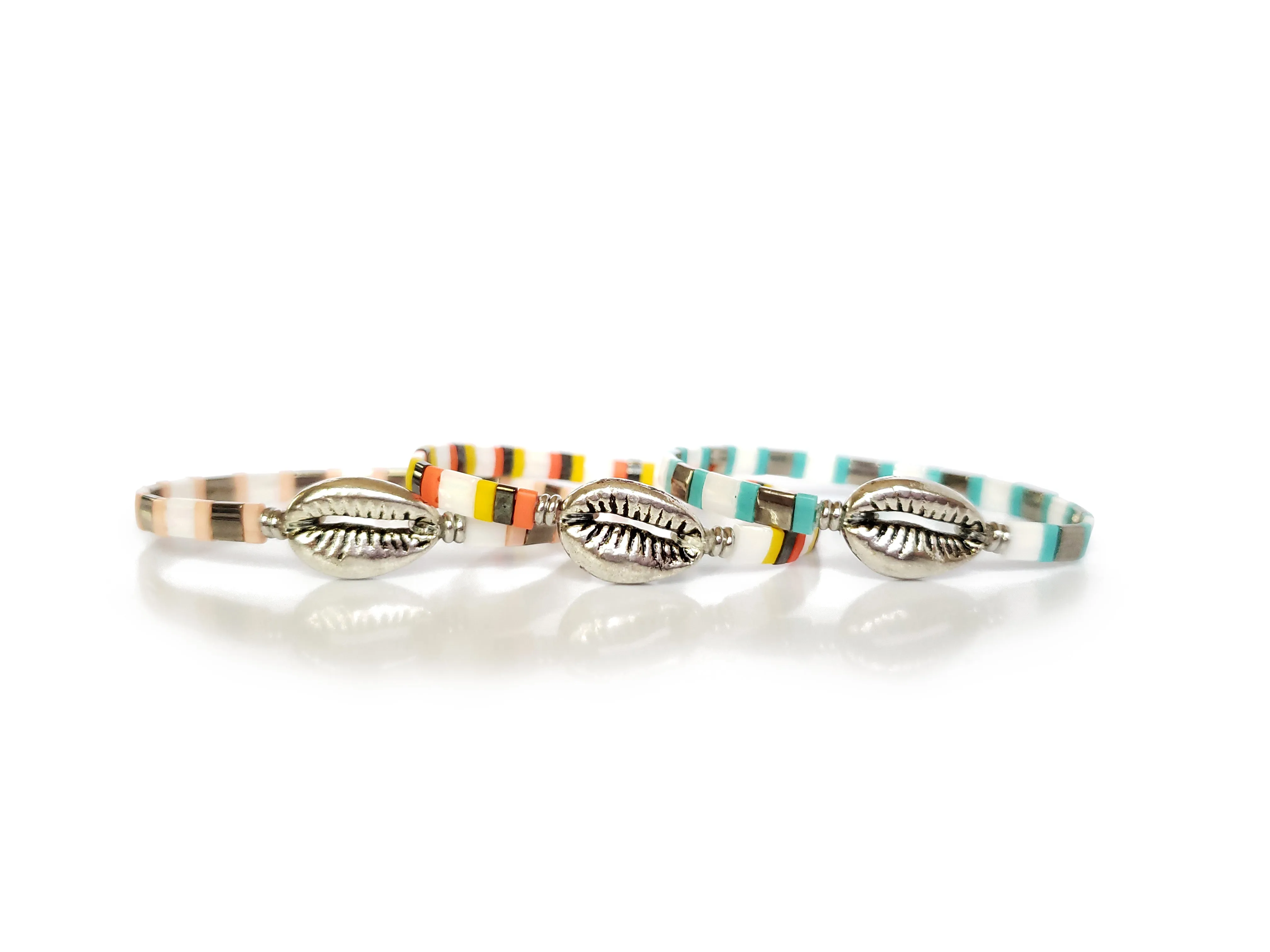Tropical Cowrie Shell Stretch Bracelet Set Of 3