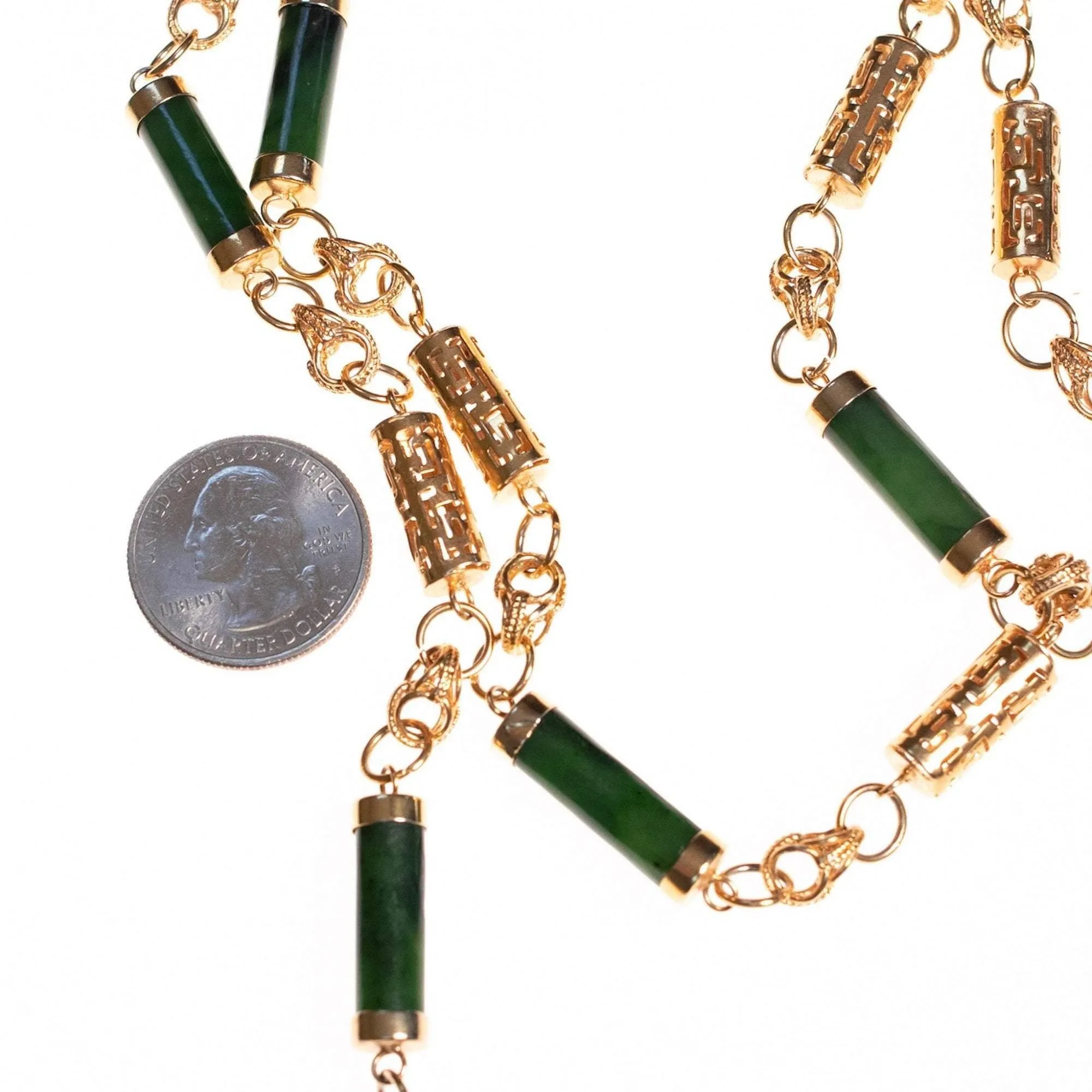 Vintage 1970s Nephrite Jade and Asian Character Barrel Bead Necklace