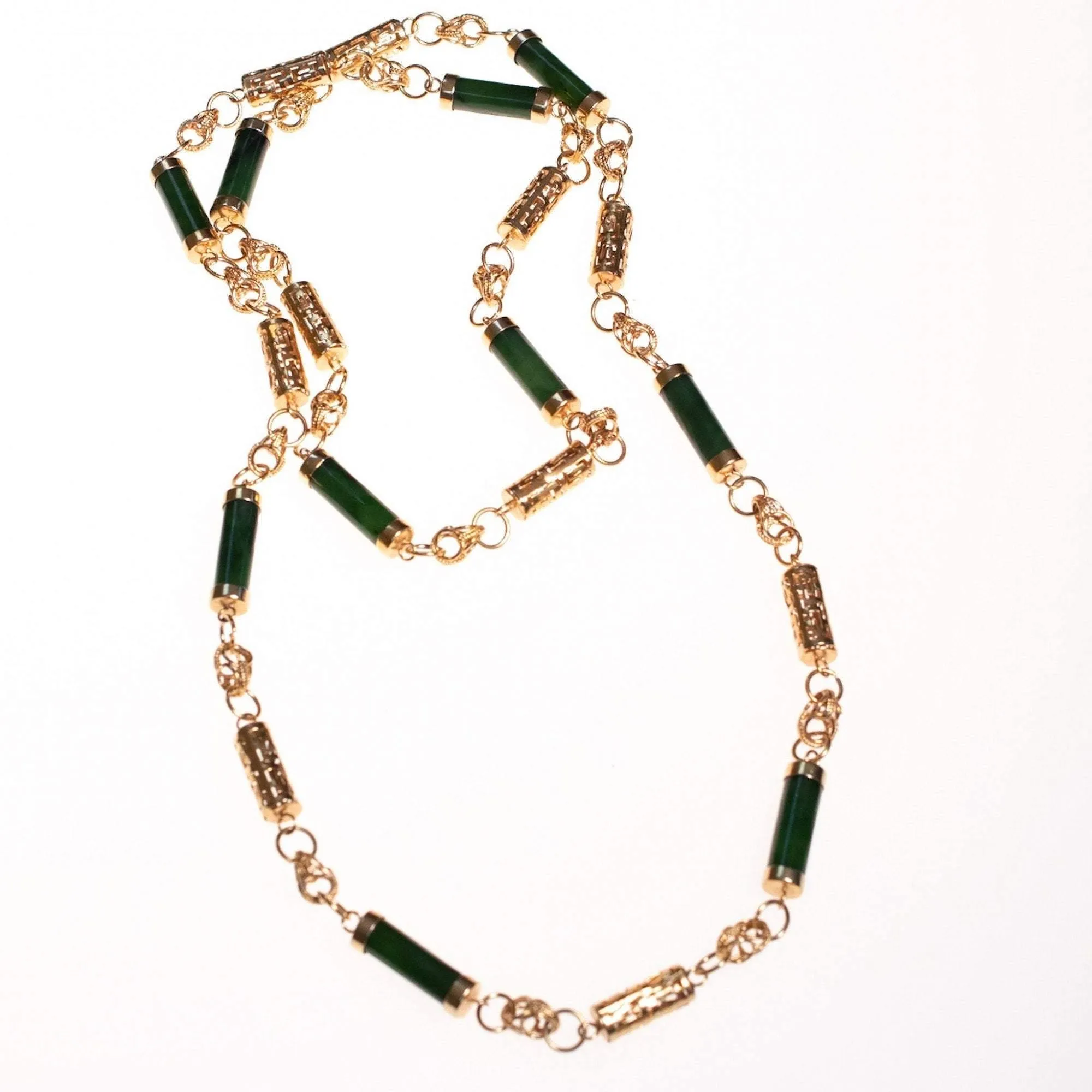 Vintage 1970s Nephrite Jade and Asian Character Barrel Bead Necklace