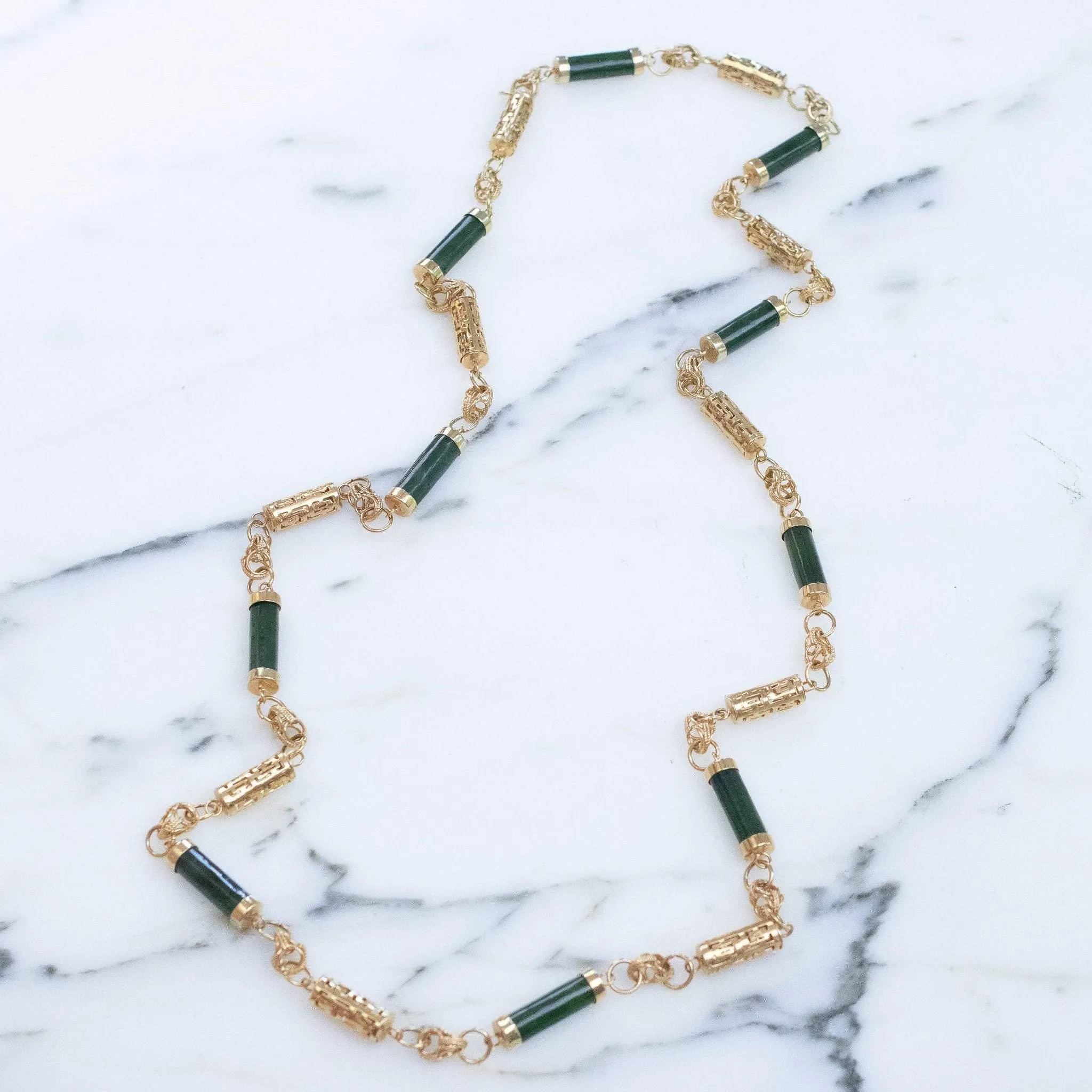 Vintage 1970s Nephrite Jade and Asian Character Barrel Bead Necklace