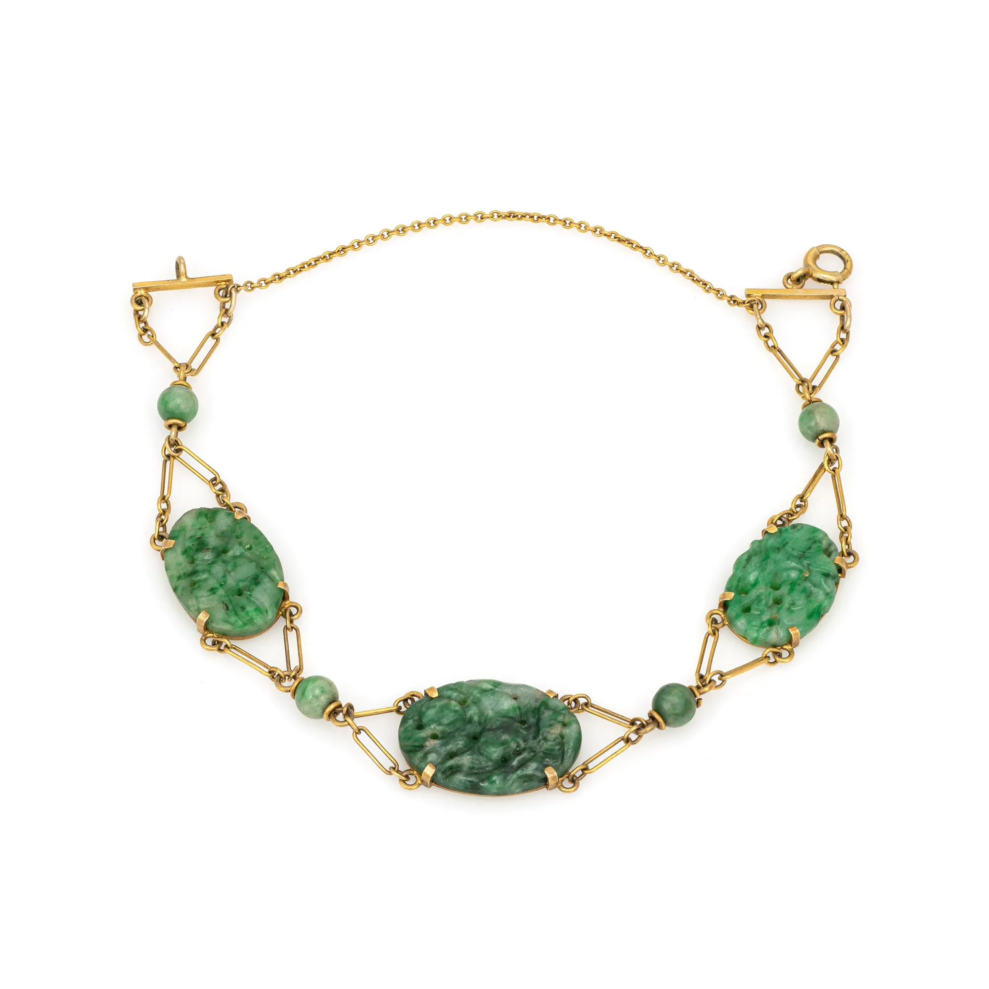Vintage Art Deco Bracelet Carved Jade 14k Yellow Gold 6.25" Fine Estate Jewelry