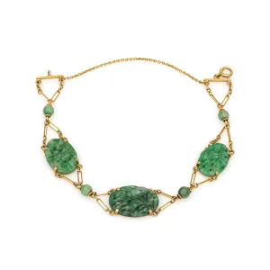 Vintage Art Deco Bracelet Carved Jade 14k Yellow Gold 6.25" Fine Estate Jewelry