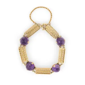 Vintage Art Deco Sugarloaf Amethyst Bracelet 14k Yellow Gold Trefoil Antique 7"
