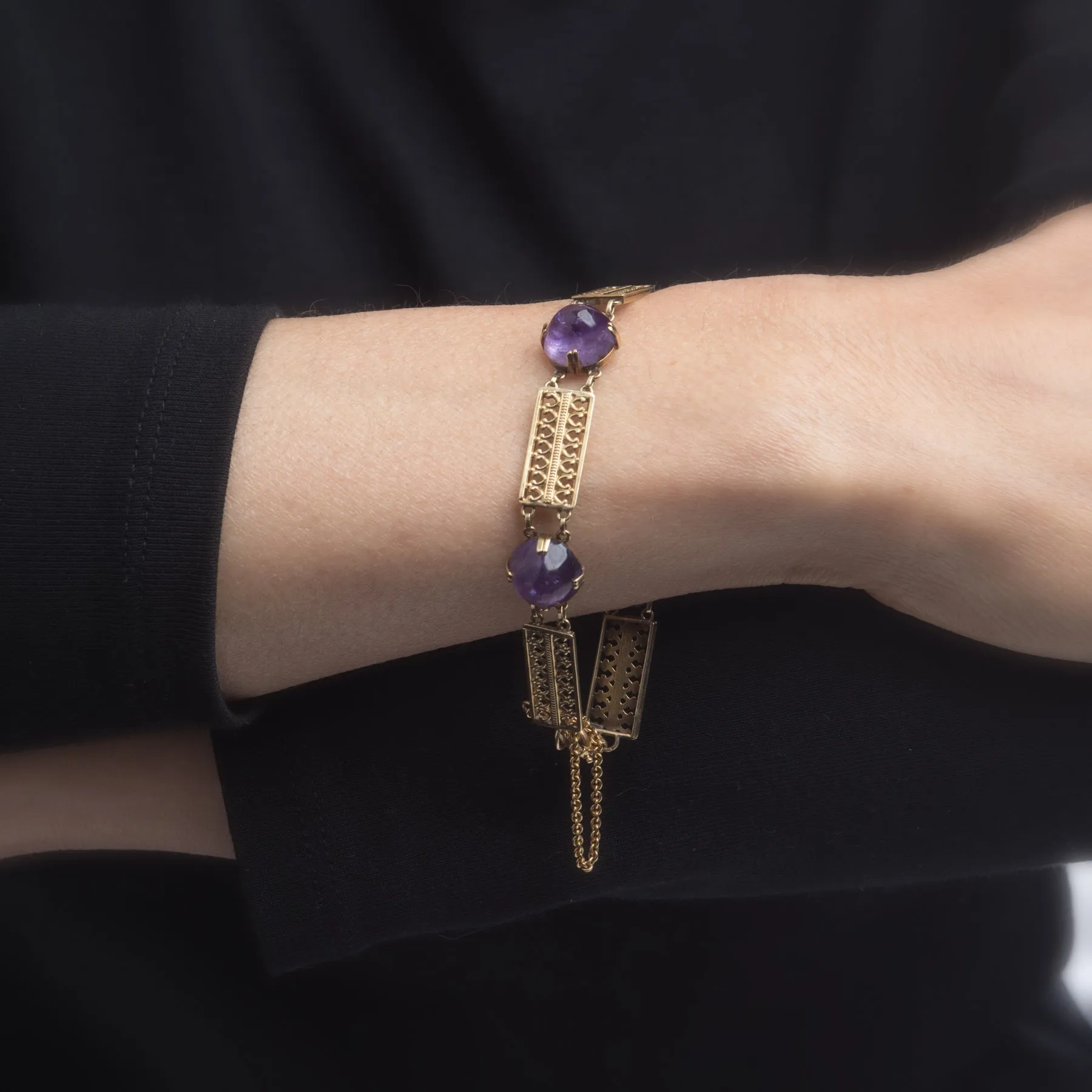 Vintage Art Deco Sugarloaf Amethyst Bracelet 14k Yellow Gold Trefoil Antique 7"