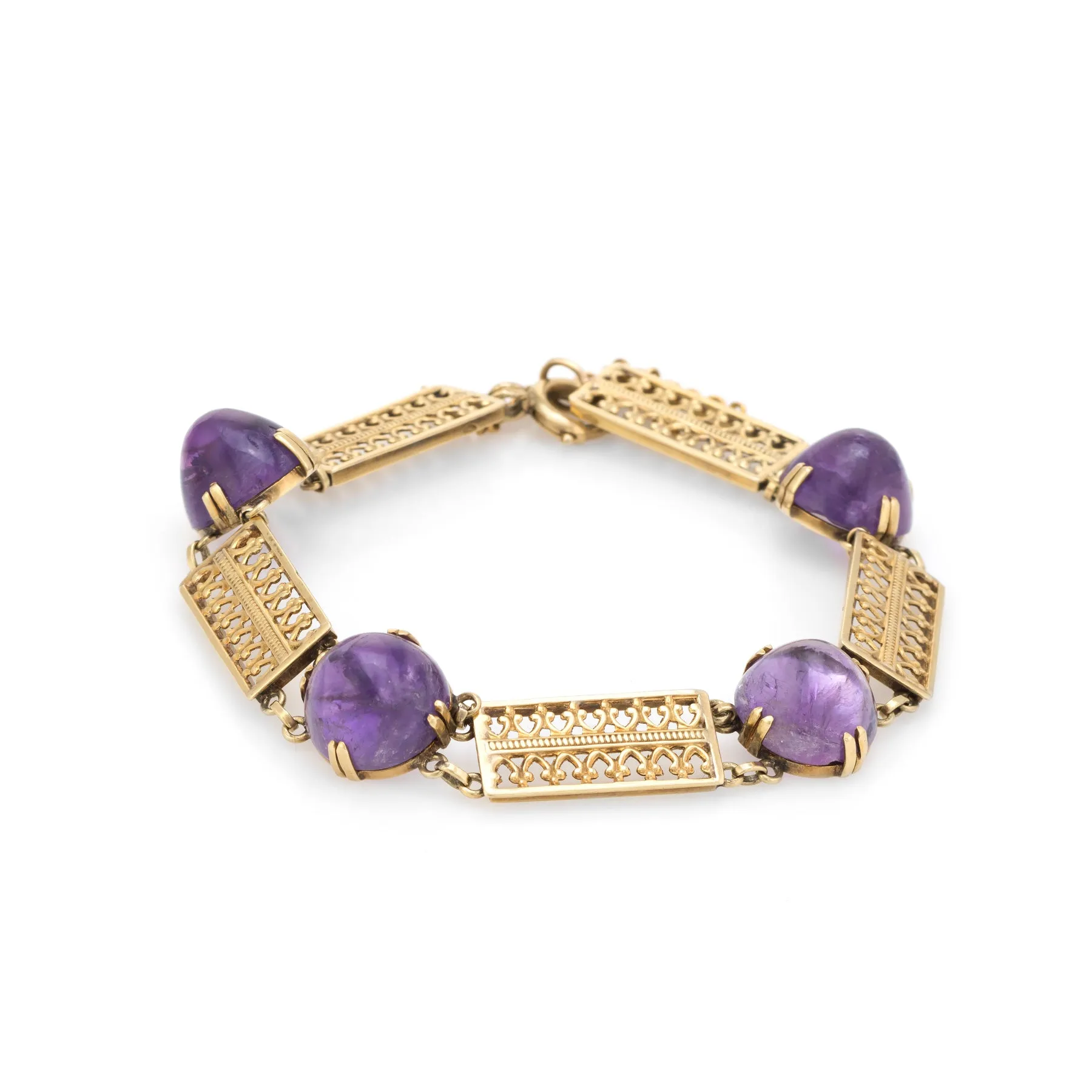Vintage Art Deco Sugarloaf Amethyst Bracelet 14k Yellow Gold Trefoil Antique 7"