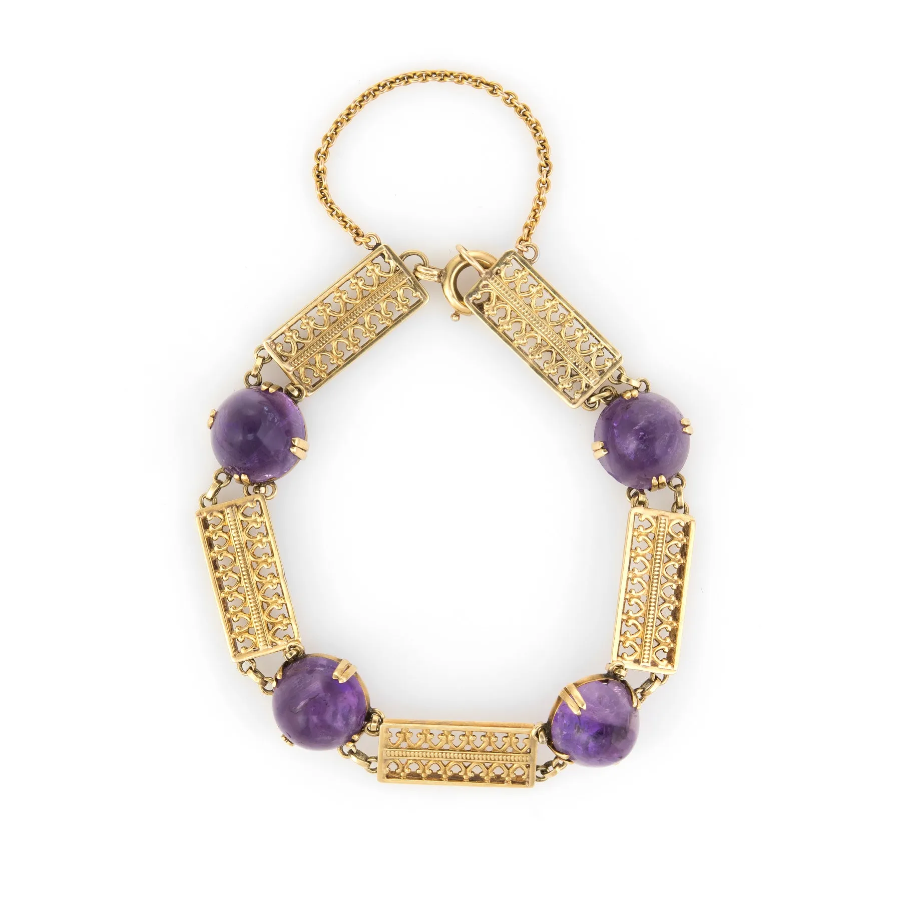 Vintage Art Deco Sugarloaf Amethyst Bracelet 14k Yellow Gold Trefoil Antique 7"