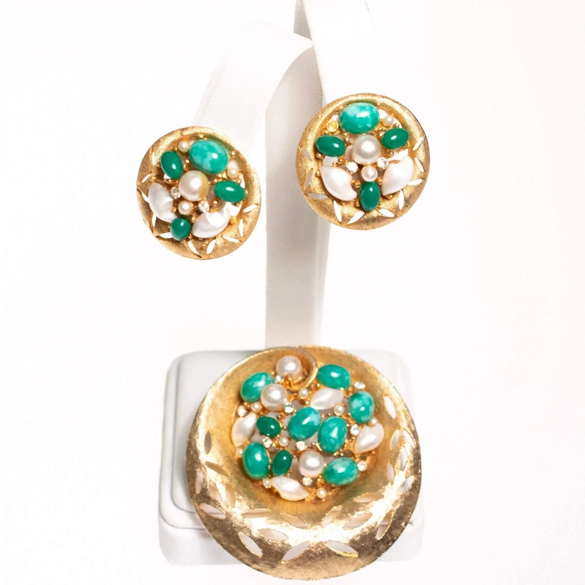 Vintage BSK Jade Lucite and Faux Pearl Cluster Medallion Statement Earrings