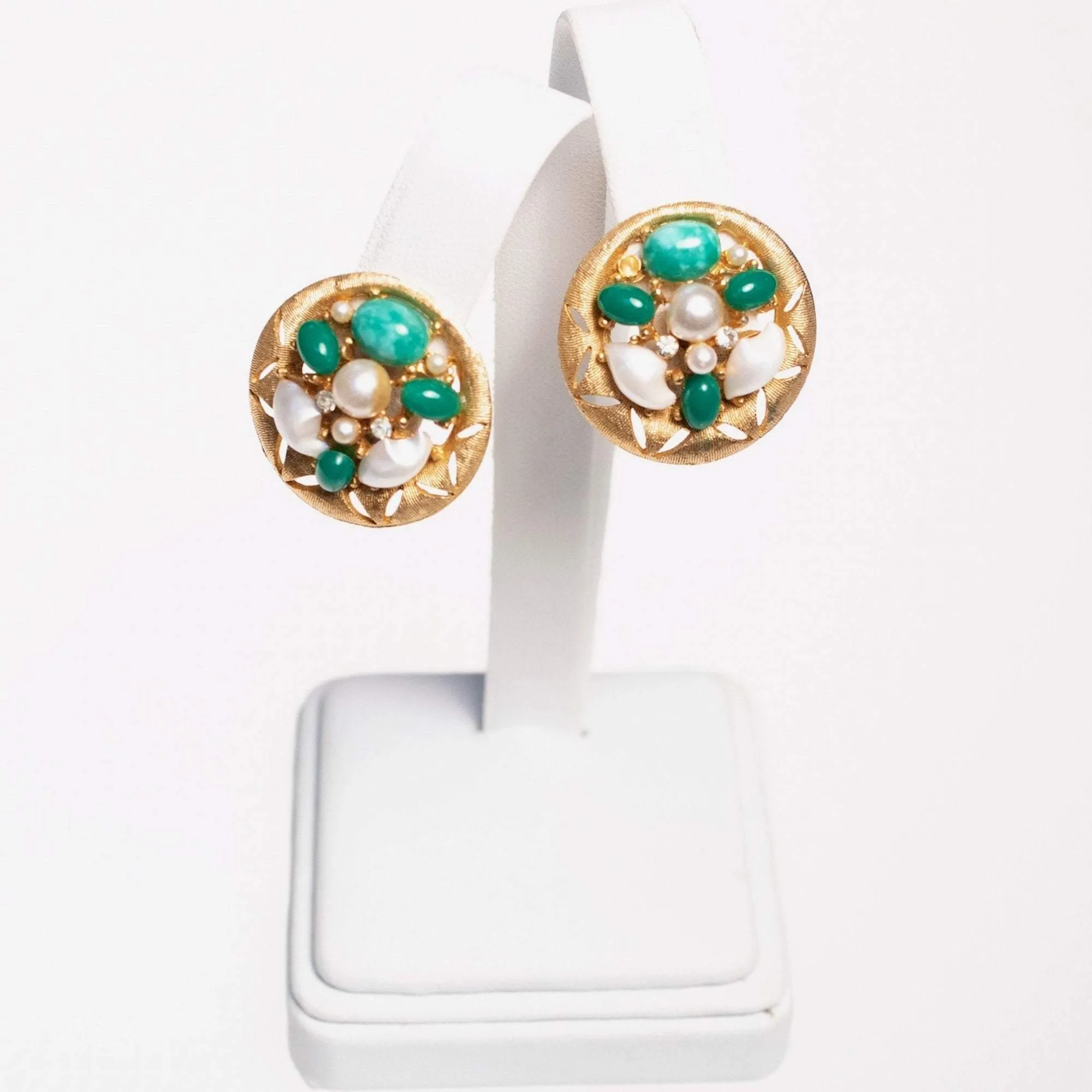 Vintage BSK Jade Lucite and Faux Pearl Cluster Medallion Statement Earrings