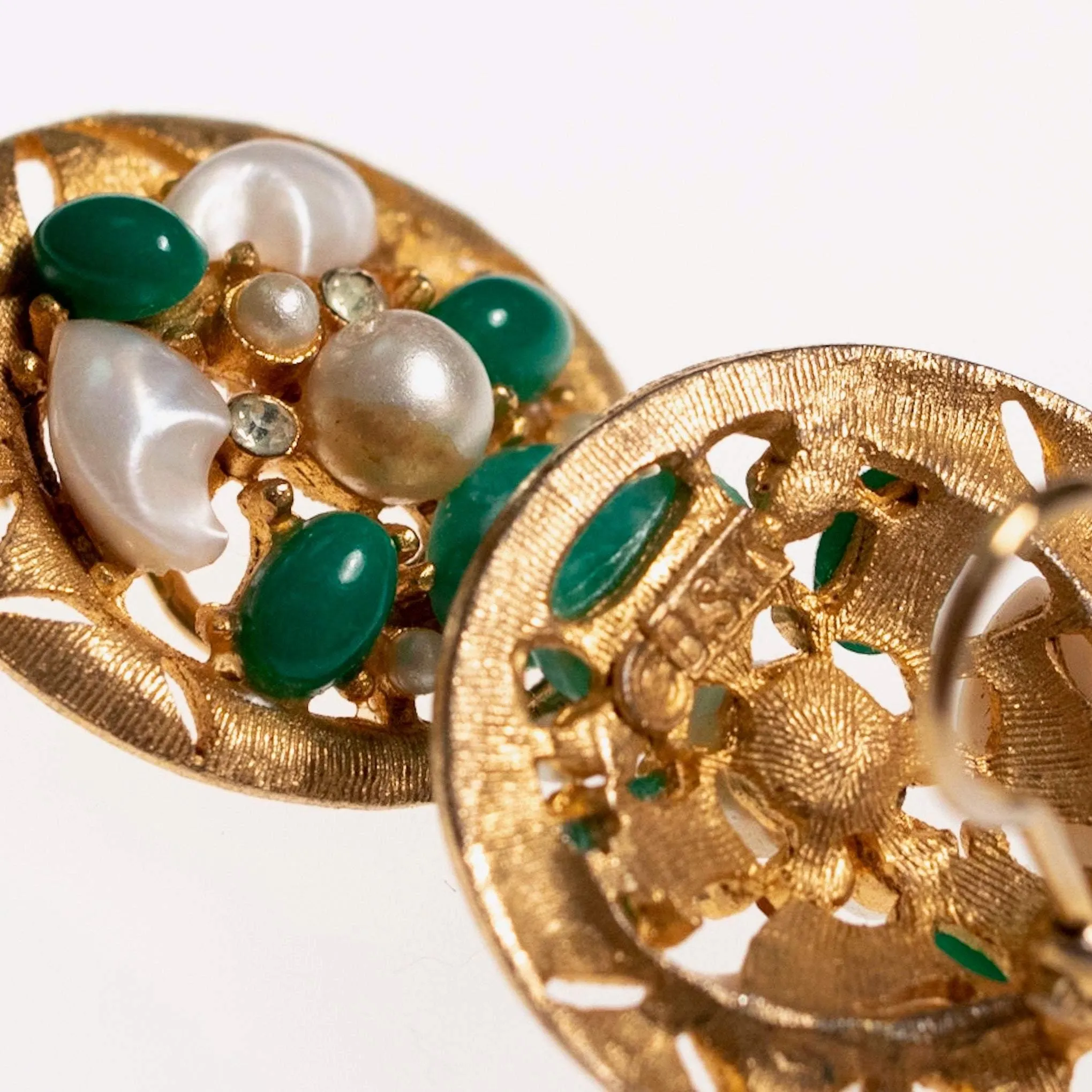 Vintage BSK Jade Lucite and Faux Pearl Cluster Medallion Statement Earrings