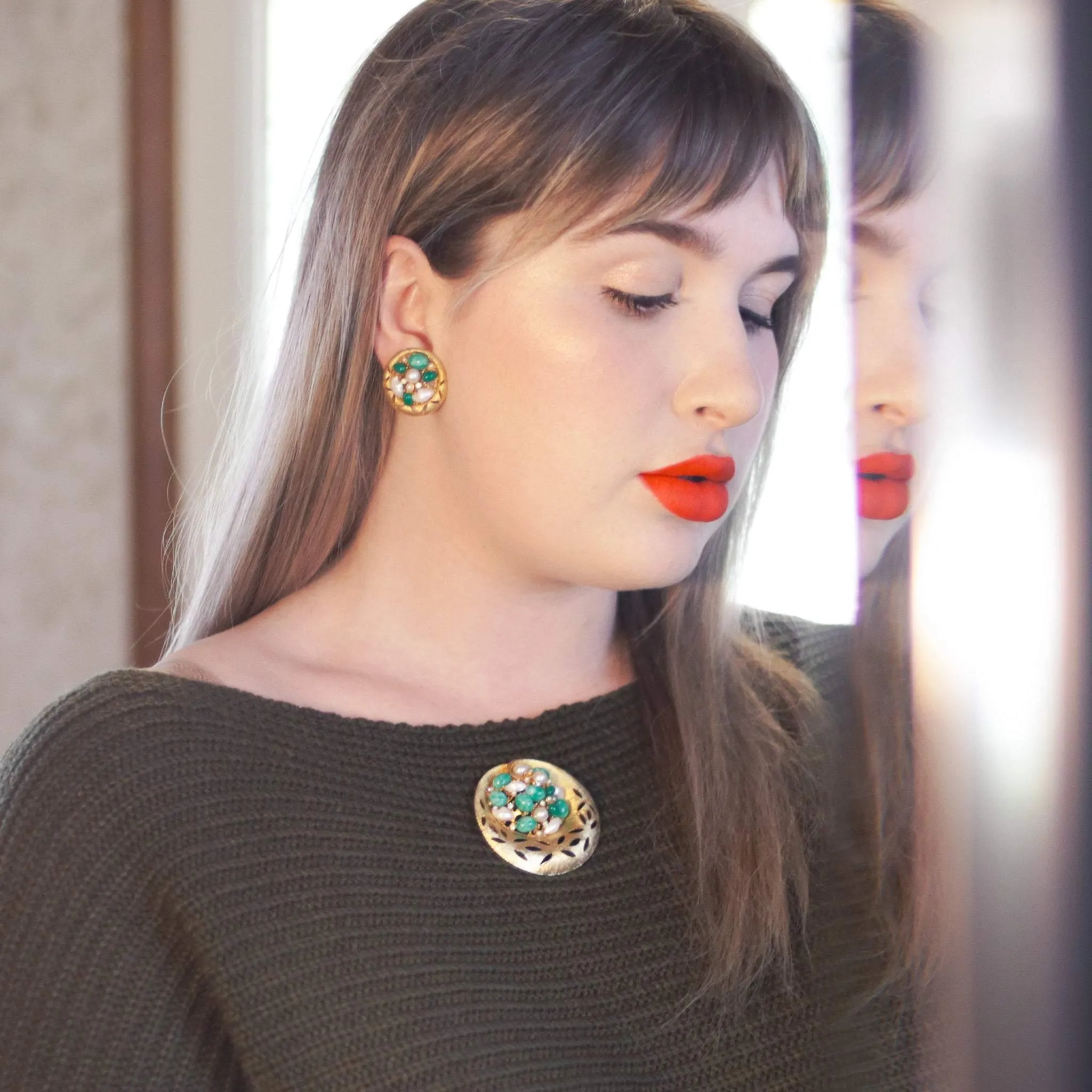 Vintage BSK Jade Lucite and Faux Pearl Cluster Medallion Statement Earrings