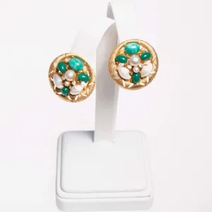 Vintage BSK Jade Lucite and Faux Pearl Cluster Medallion Statement Earrings