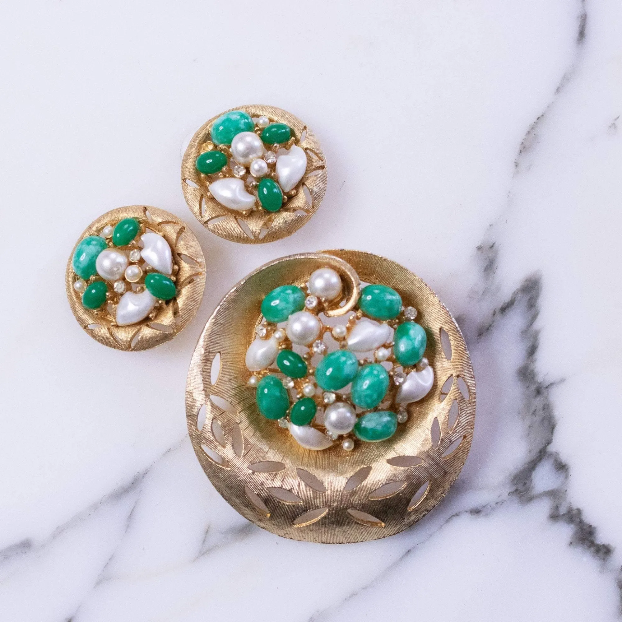 Vintage BSK Jade Lucite and Faux Pearl Cluster Medallion Statement Earrings