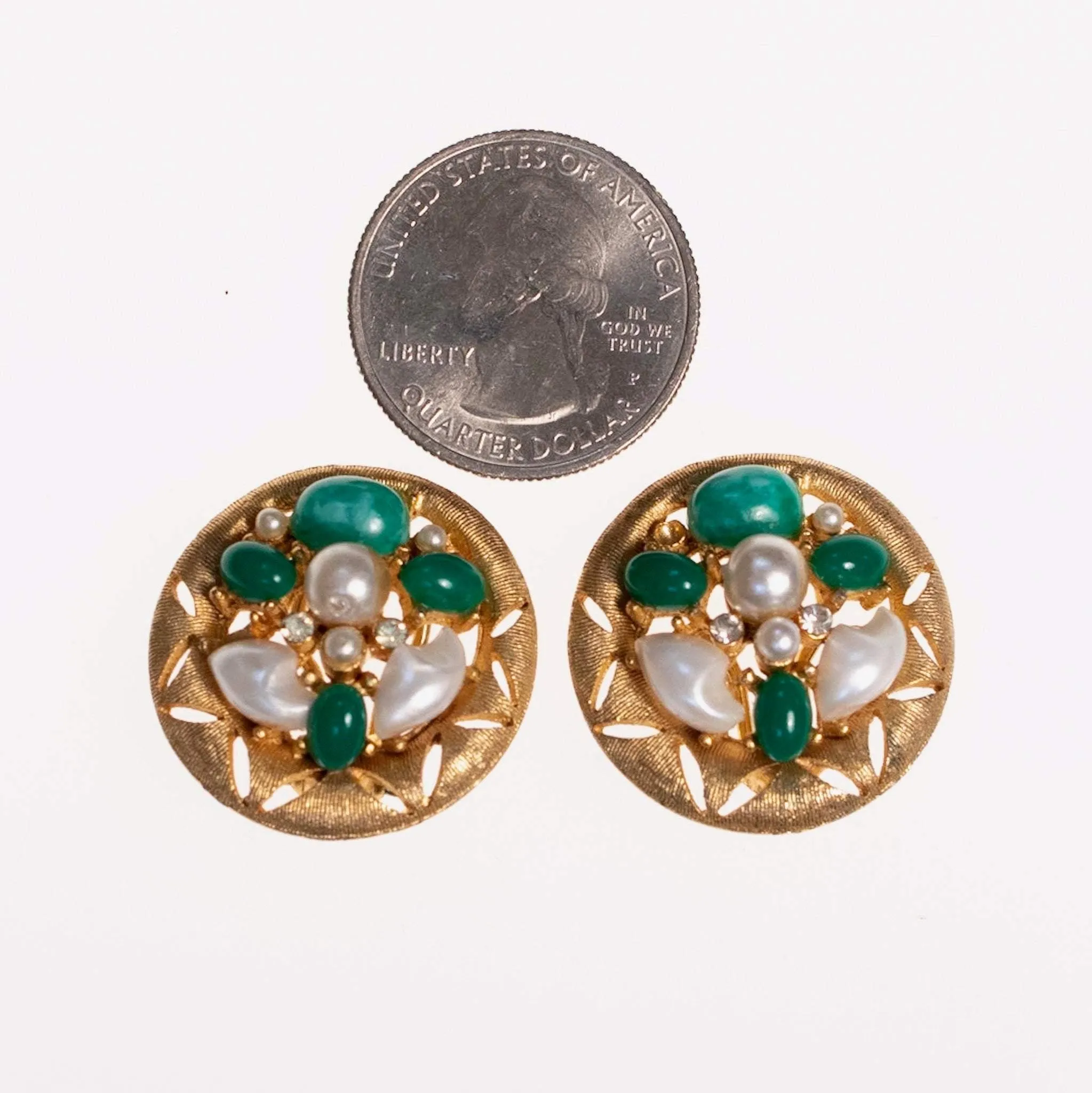 Vintage BSK Jade Lucite and Faux Pearl Cluster Medallion Statement Earrings