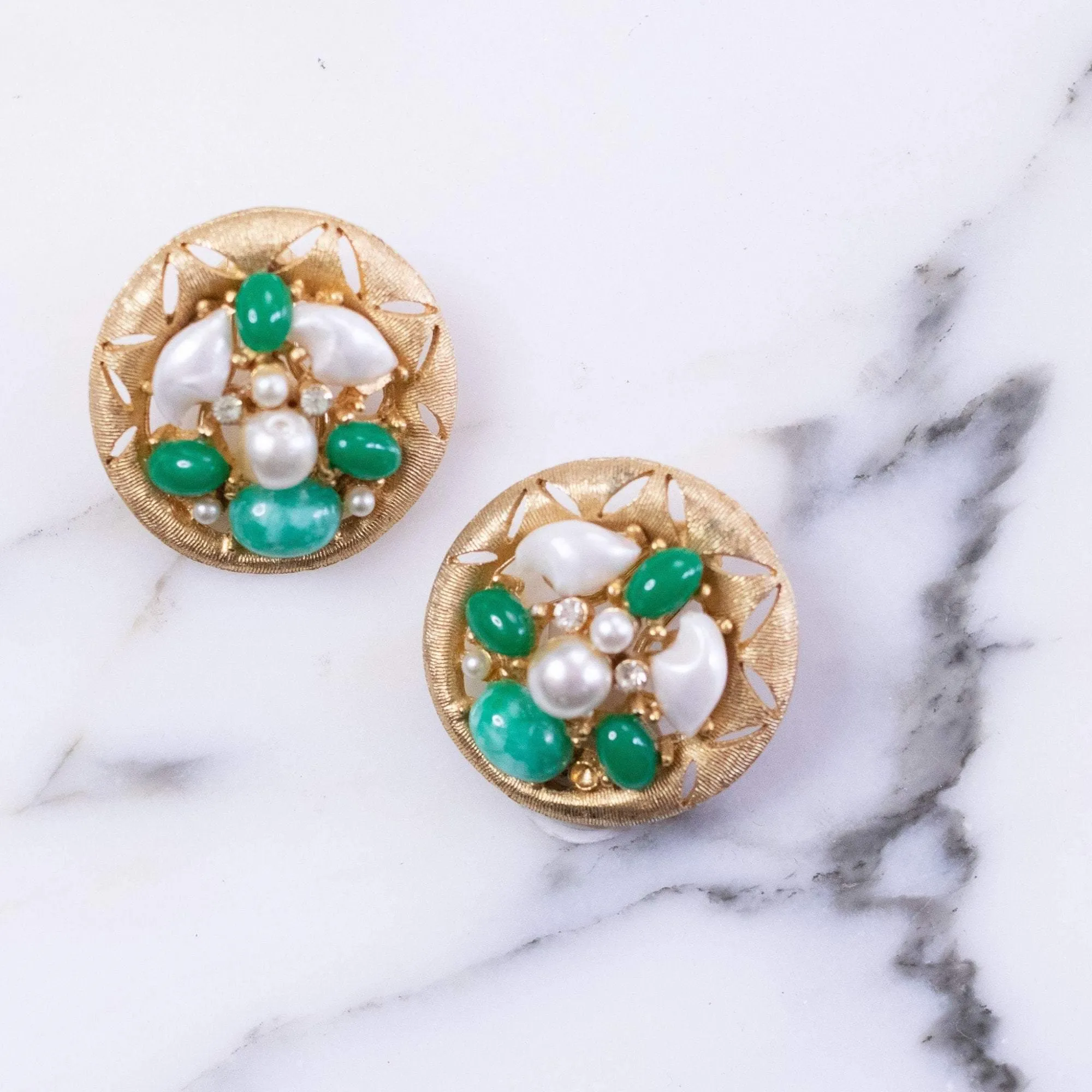 Vintage BSK Jade Lucite and Faux Pearl Cluster Medallion Statement Earrings