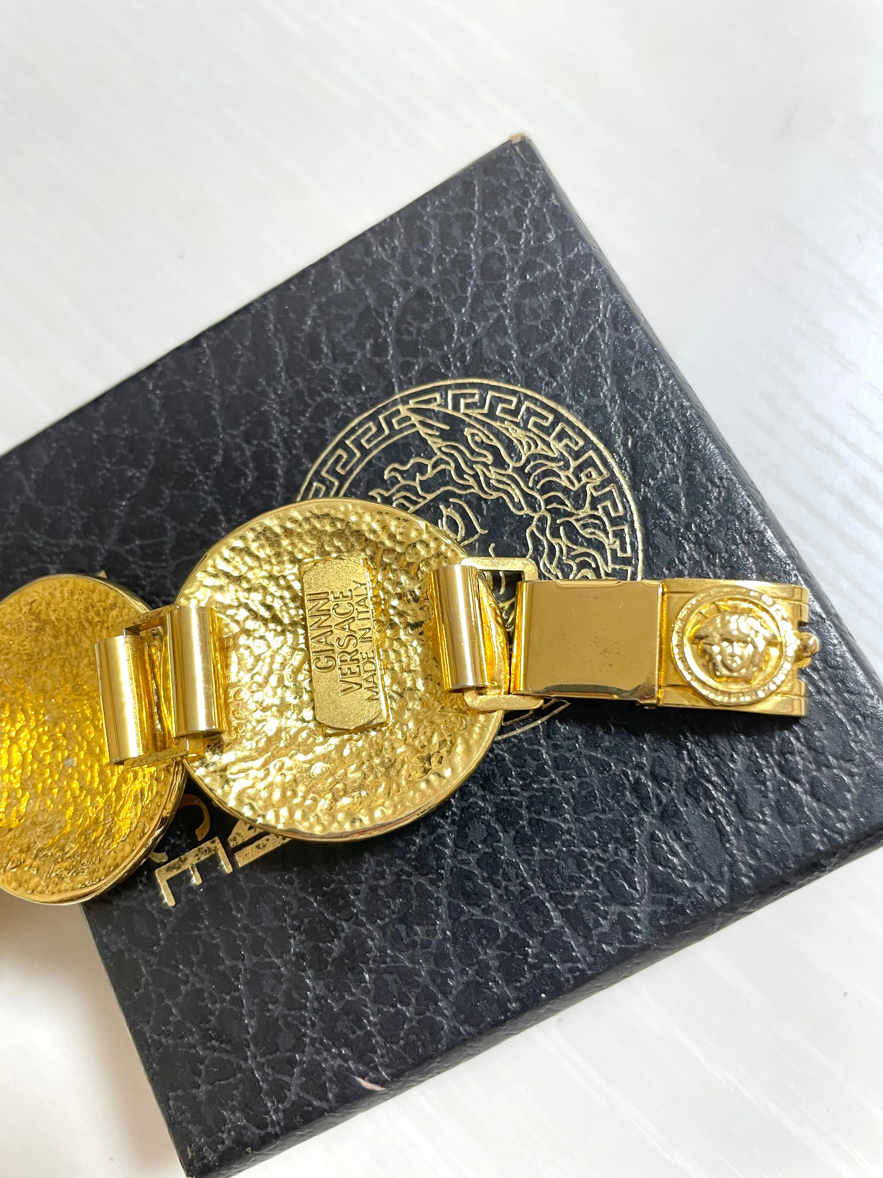 Vintage Gianni Versace gold tone medusa face motif bracelet. Must have Lady Gaga style jewelry piece. Great gift. 050525ra1