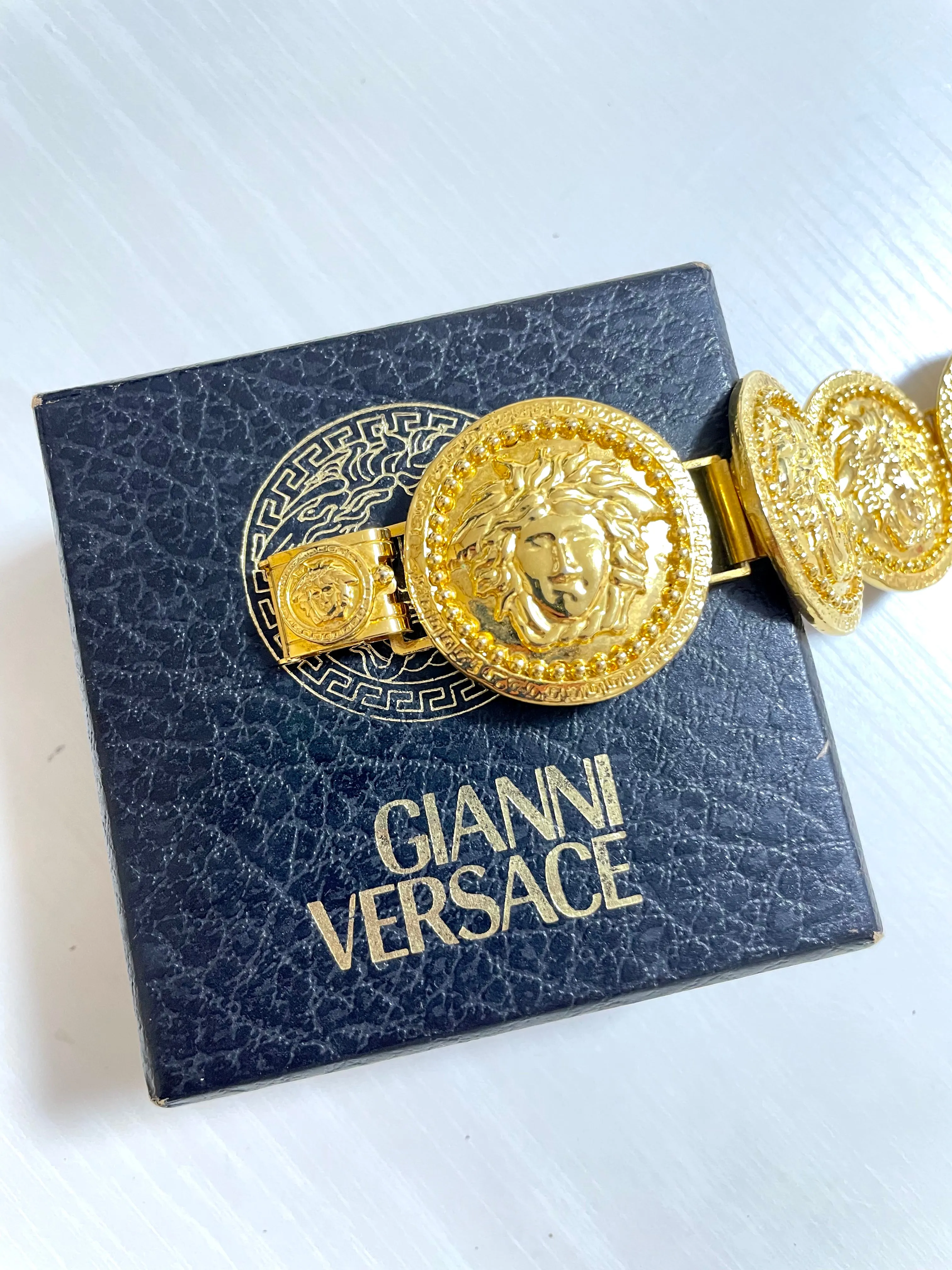 Vintage Gianni Versace gold tone medusa face motif bracelet. Must have Lady Gaga style jewelry piece. Great gift. 050525ra1