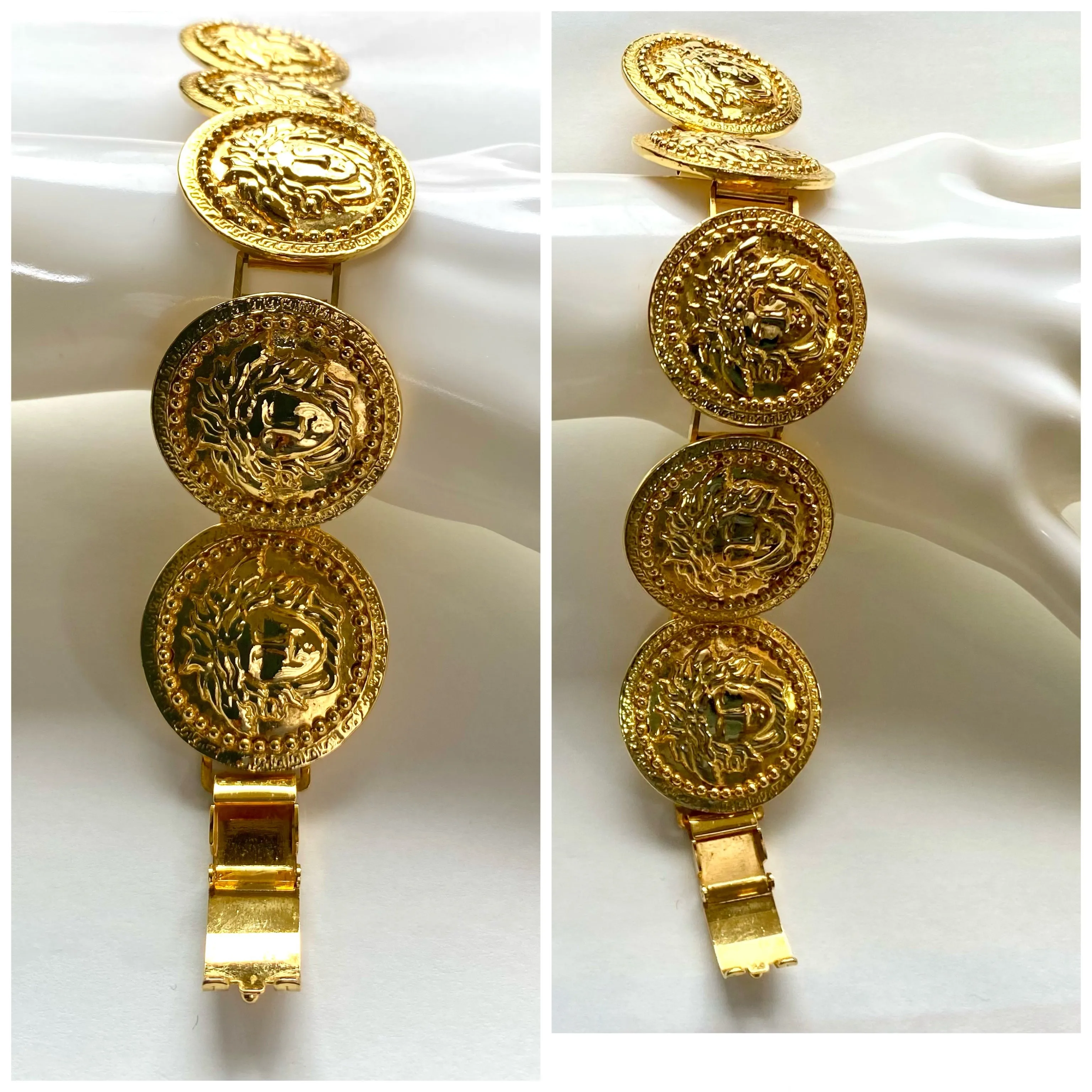 Vintage Gianni Versace gold tone medusa face motif bracelet. Must have Lady Gaga style jewelry piece. Great gift. 050525ra1