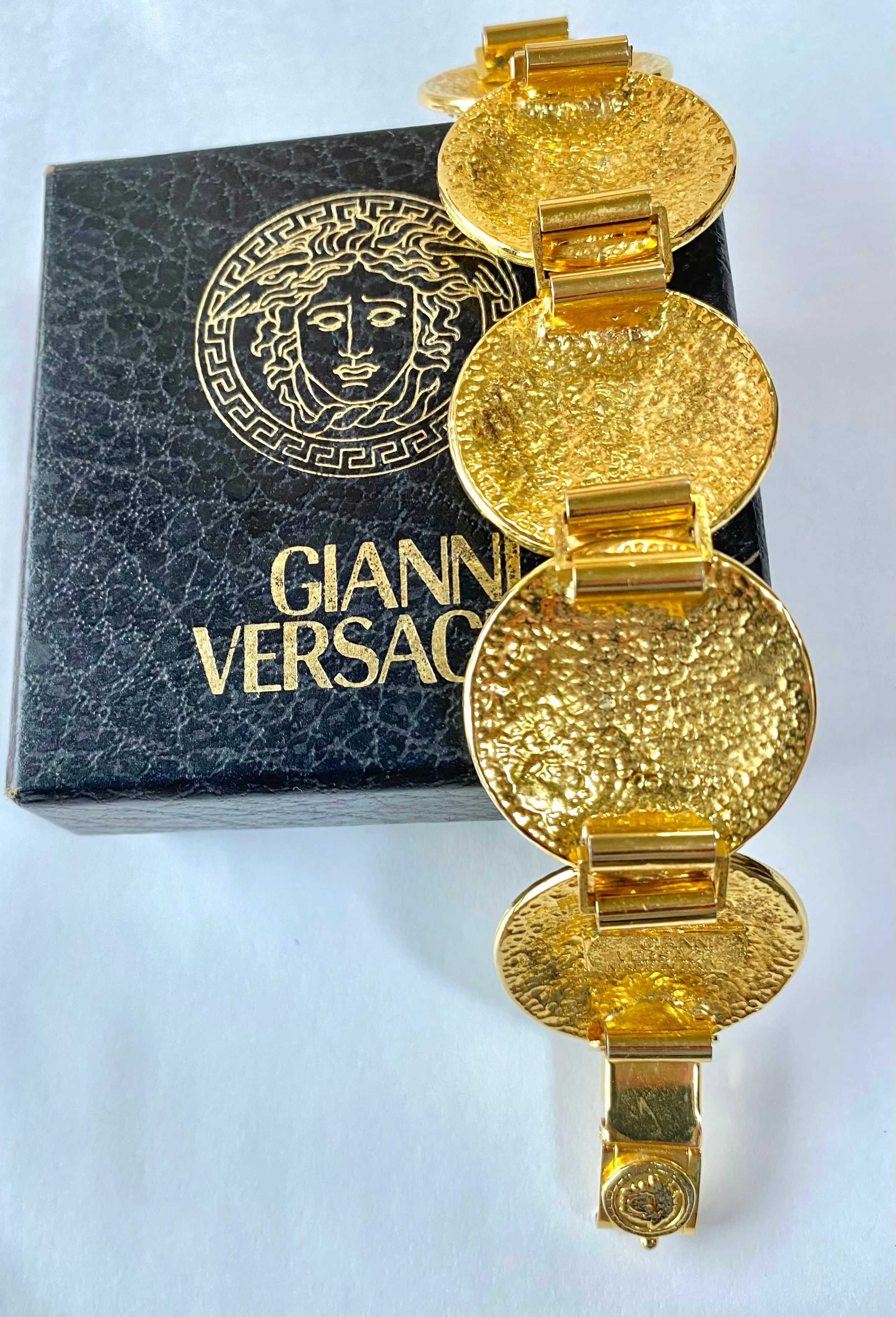 Vintage Gianni Versace gold tone medusa face motif bracelet. Must have Lady Gaga style jewelry piece. Great gift. 050525ra1
