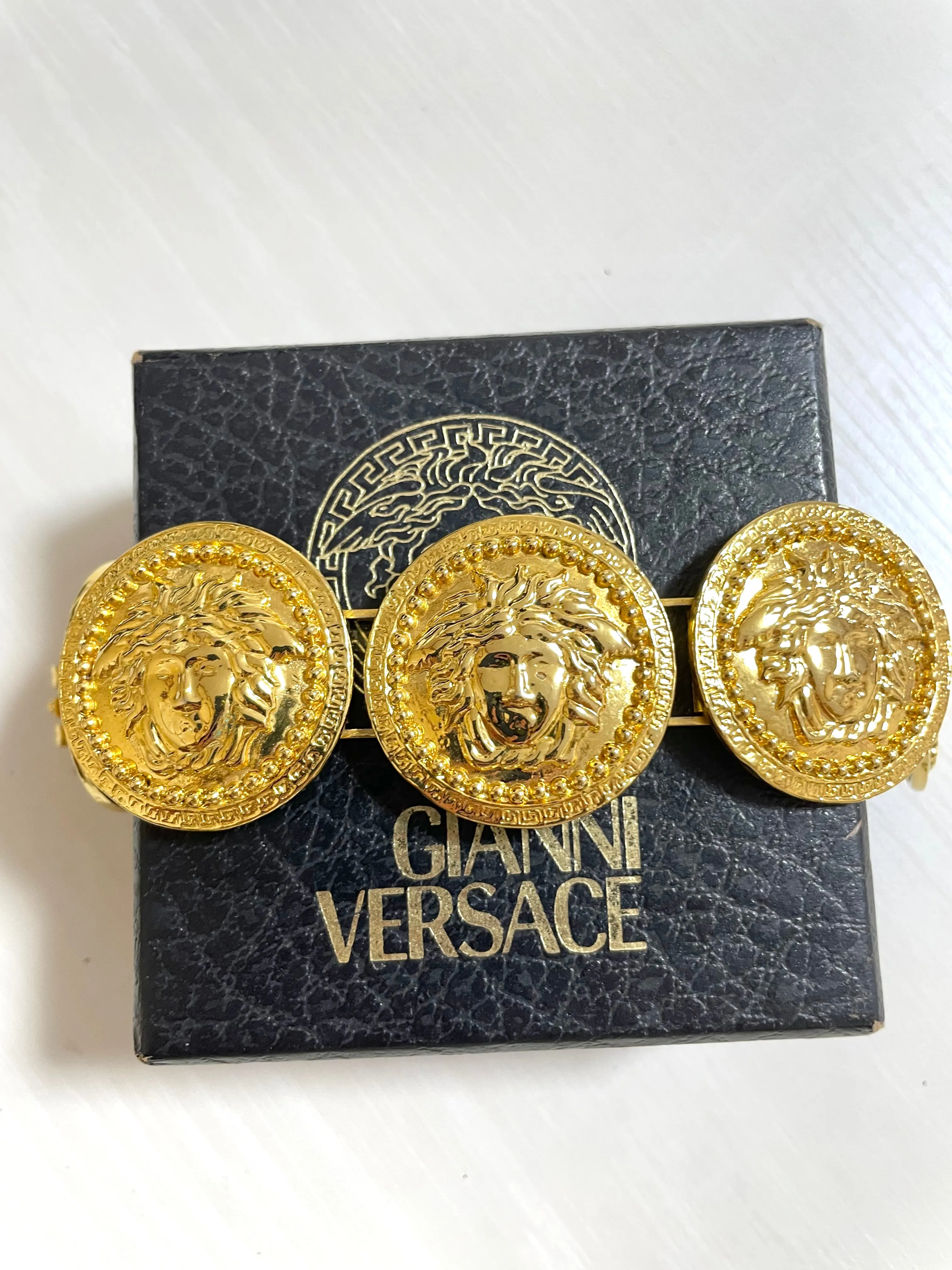 Vintage Gianni Versace gold tone medusa face motif bracelet. Must have Lady Gaga style jewelry piece. Great gift. 050525ra1