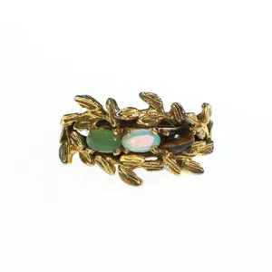 Vintage Gold Band Ring with Leaves Jade Opaline and Tigers Eye