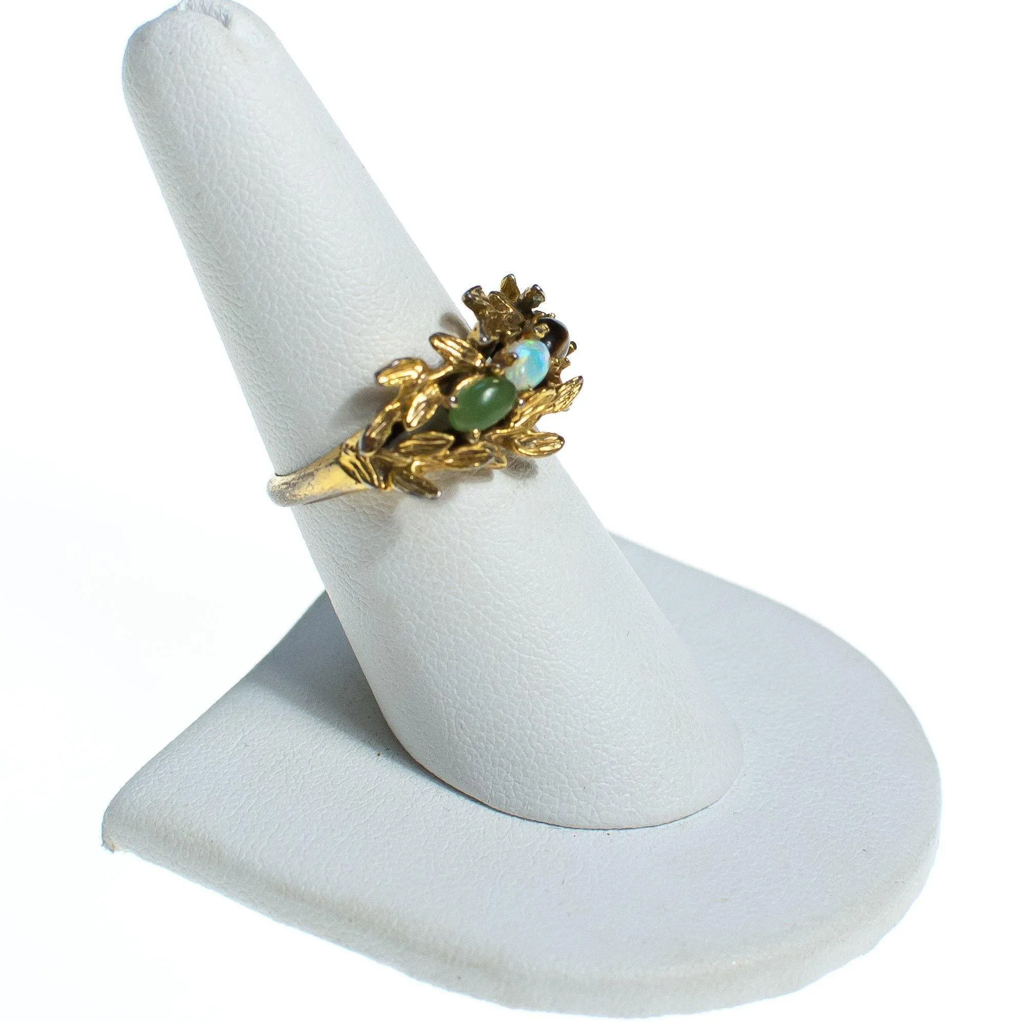 Vintage Gold Band Ring with Leaves Jade Opaline and Tigers Eye