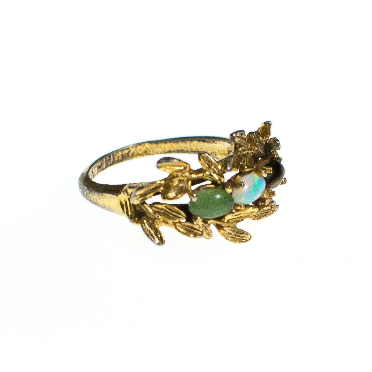 Vintage Gold Band Ring with Leaves Jade Opaline and Tigers Eye