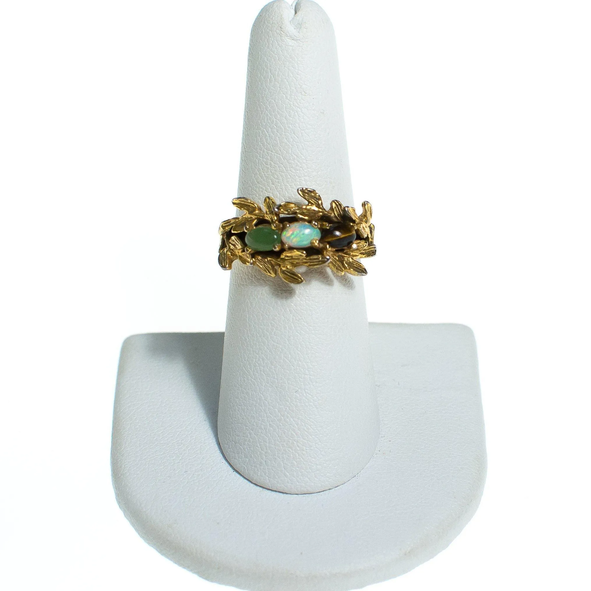 Vintage Gold Band Ring with Leaves Jade Opaline and Tigers Eye