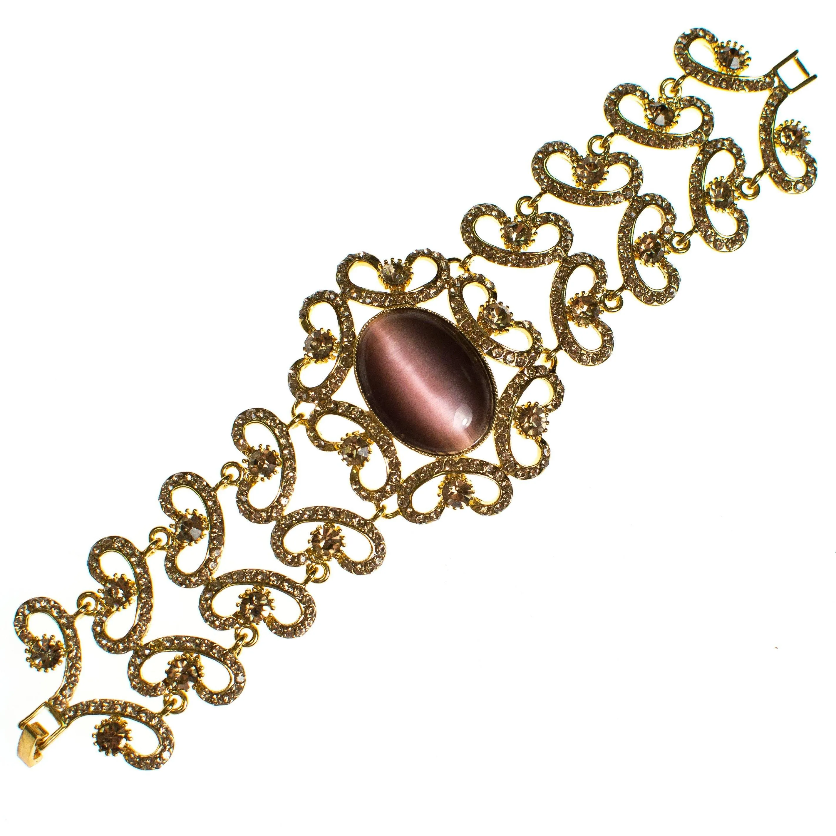 Vintage Gold Filigree Scroll Link Bracelet with Amethyst Cats Eye Moonglow Cabochon