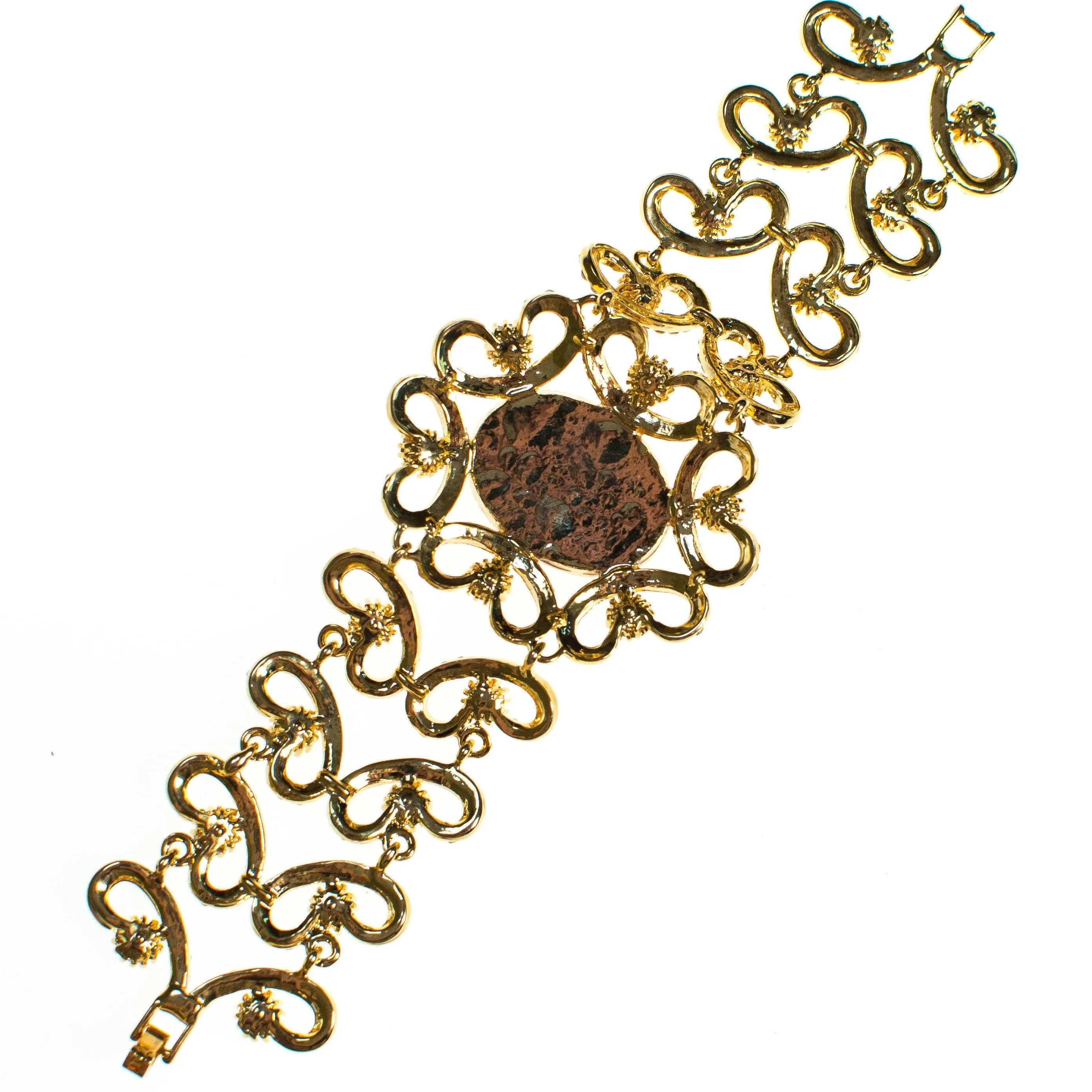 Vintage Gold Filigree Scroll Link Bracelet with Amethyst Cats Eye Moonglow Cabochon