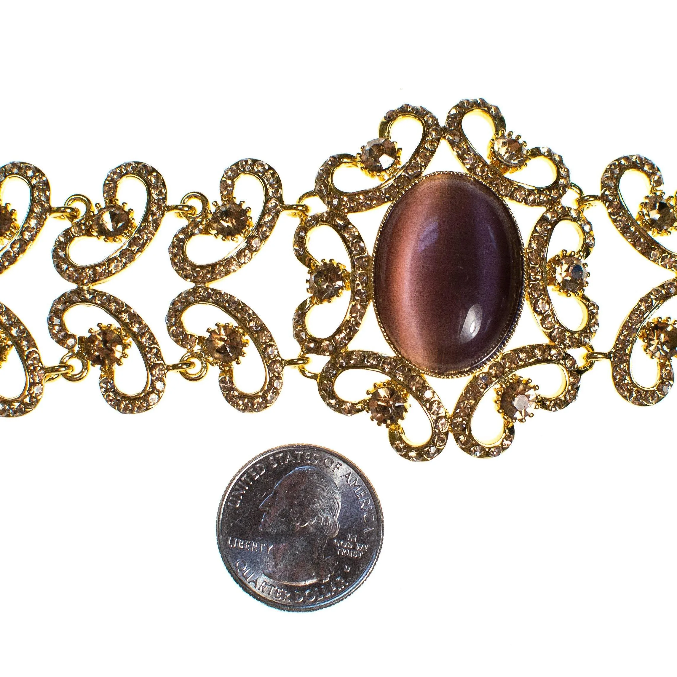 Vintage Gold Filigree Scroll Link Bracelet with Amethyst Cats Eye Moonglow Cabochon