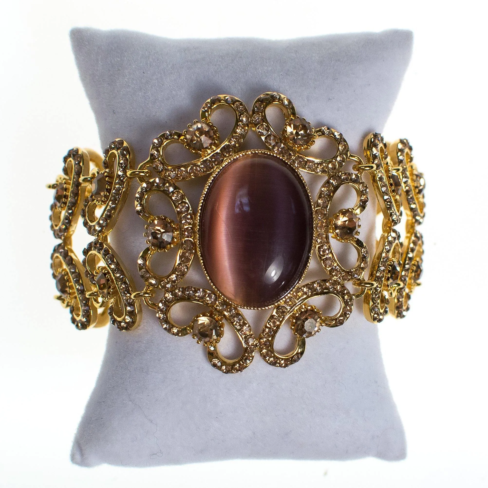 Vintage Gold Filigree Scroll Link Bracelet with Amethyst Cats Eye Moonglow Cabochon