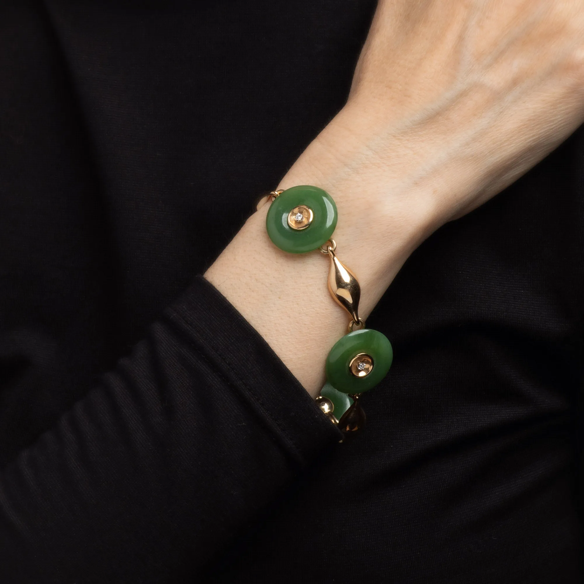 Vintage Jade Disc Diamond Bracelet 14k Yellow Gold Estate Jewelry Heirloom 7.5"