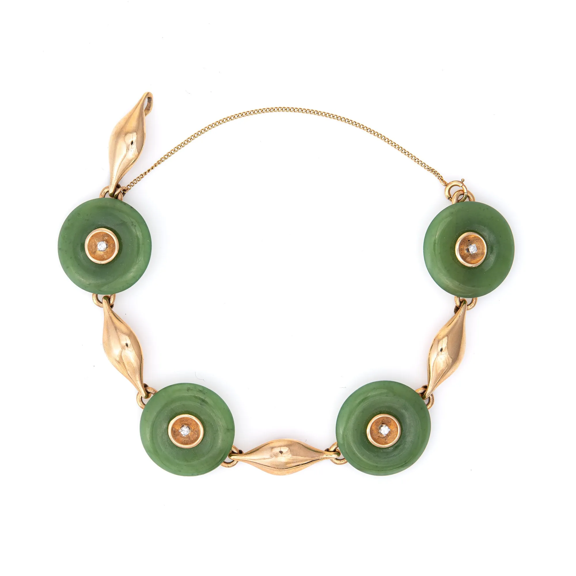 Vintage Jade Disc Diamond Bracelet 14k Yellow Gold Estate Jewelry Heirloom 7.5"