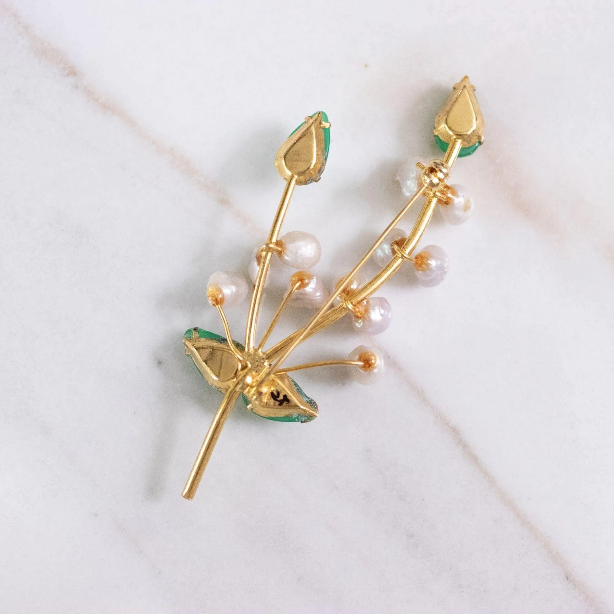 Vintage Lily of the Valley Brooch with Cultured Pearl and Jade Leaves