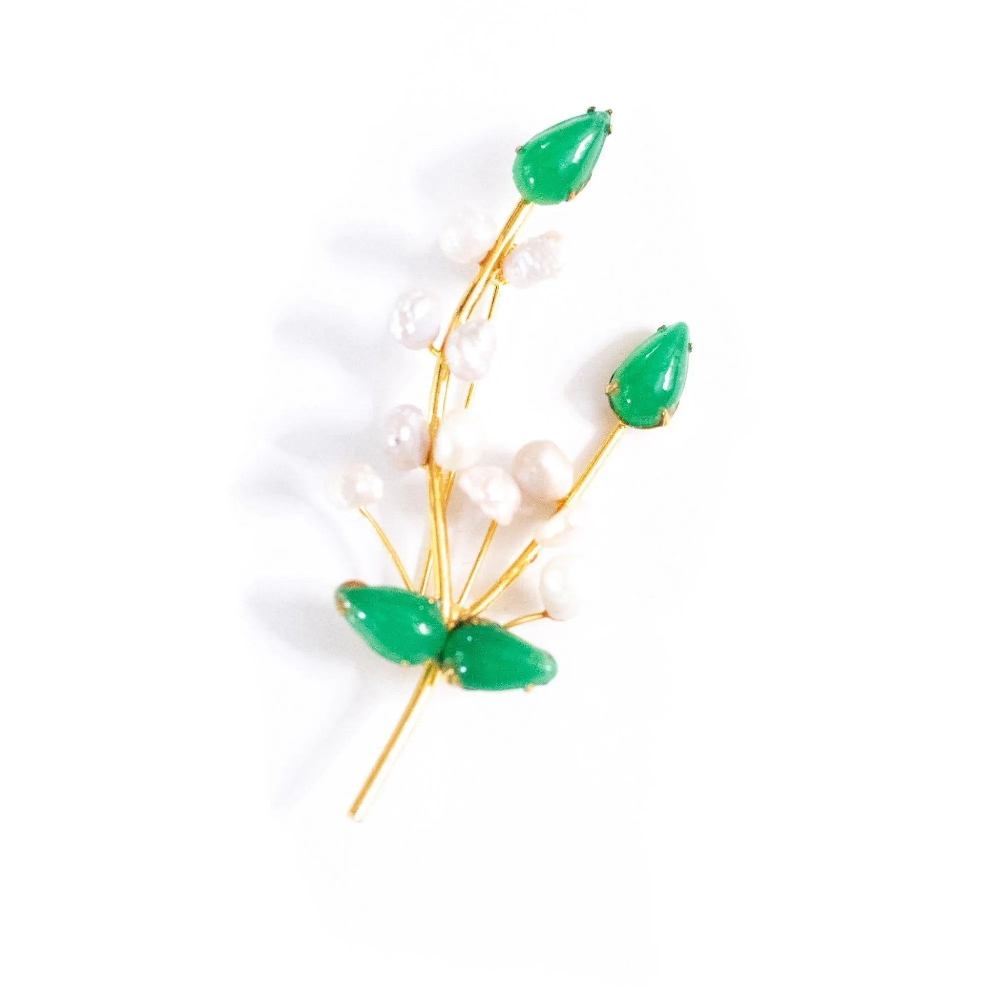 Vintage Lily of the Valley Brooch with Cultured Pearl and Jade Leaves