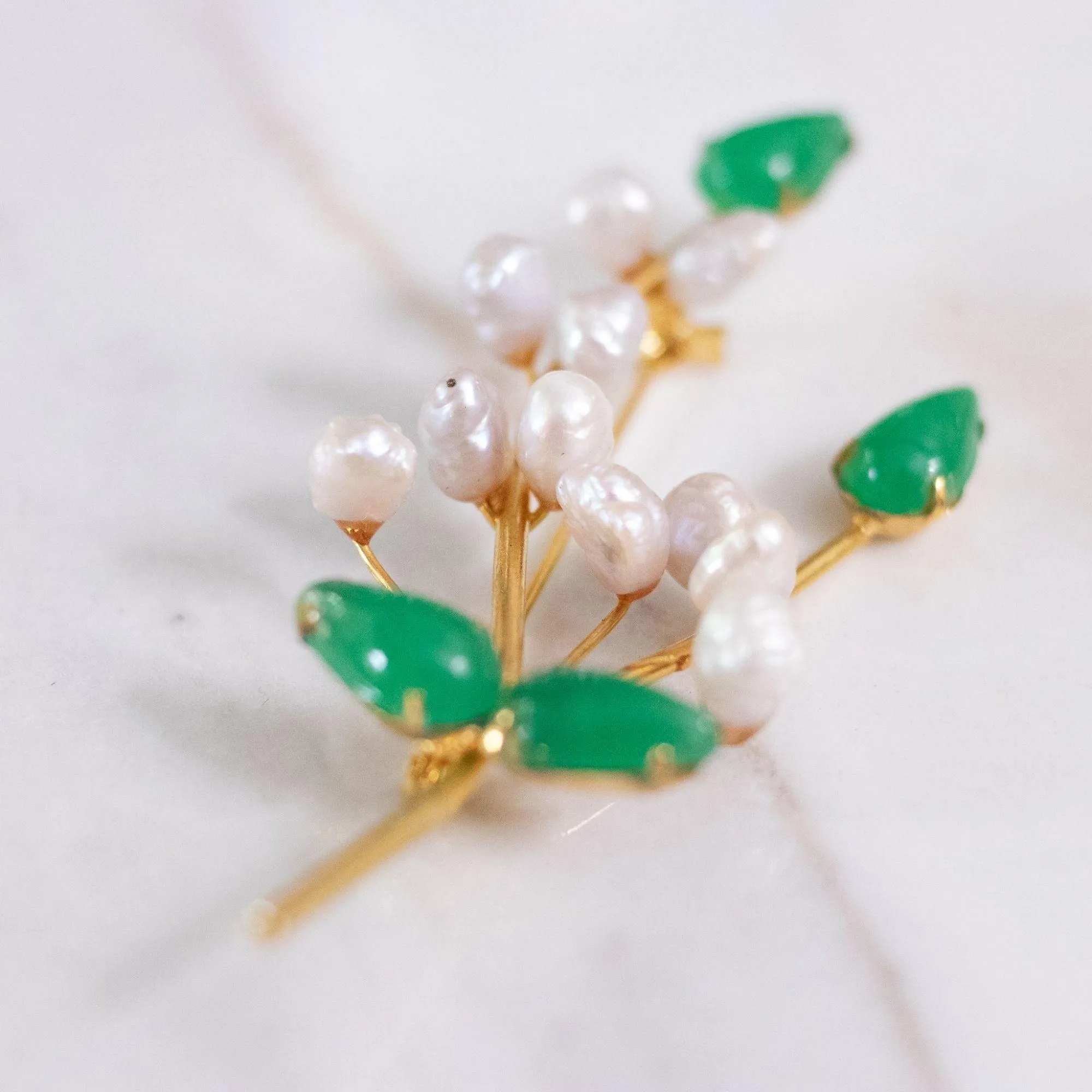 Vintage Lily of the Valley Brooch with Cultured Pearl and Jade Leaves