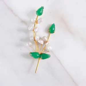 Vintage Lily of the Valley Brooch with Cultured Pearl and Jade Leaves