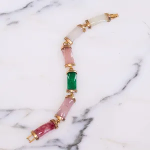 Vintage Pink and Green Jade Bracelet with Gold Tone Accents